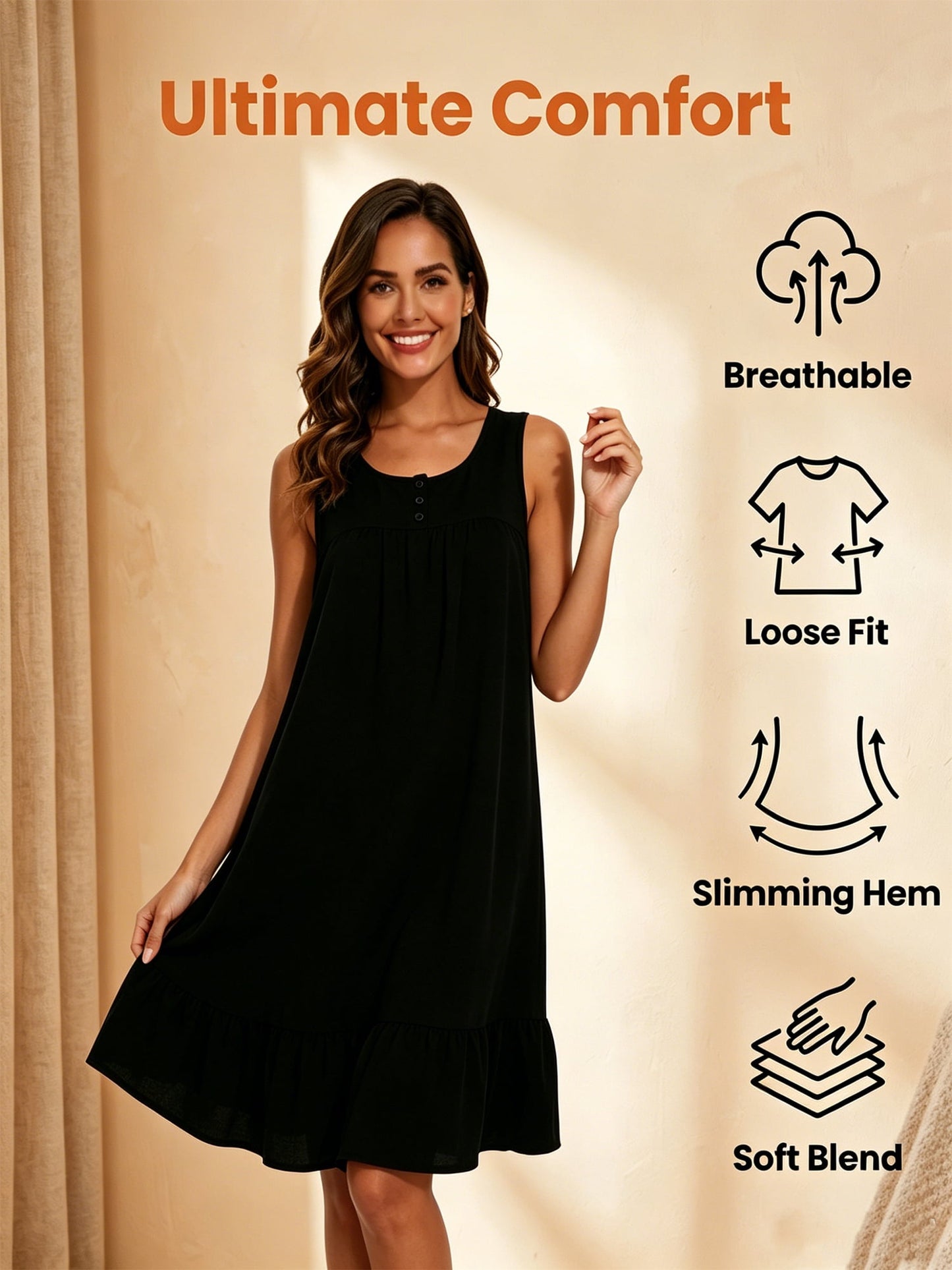 MecTo Women’s Cotton Nightgown,Sleeveless Ruffled Hem Loose Muumuu Sleep Dress, Black L