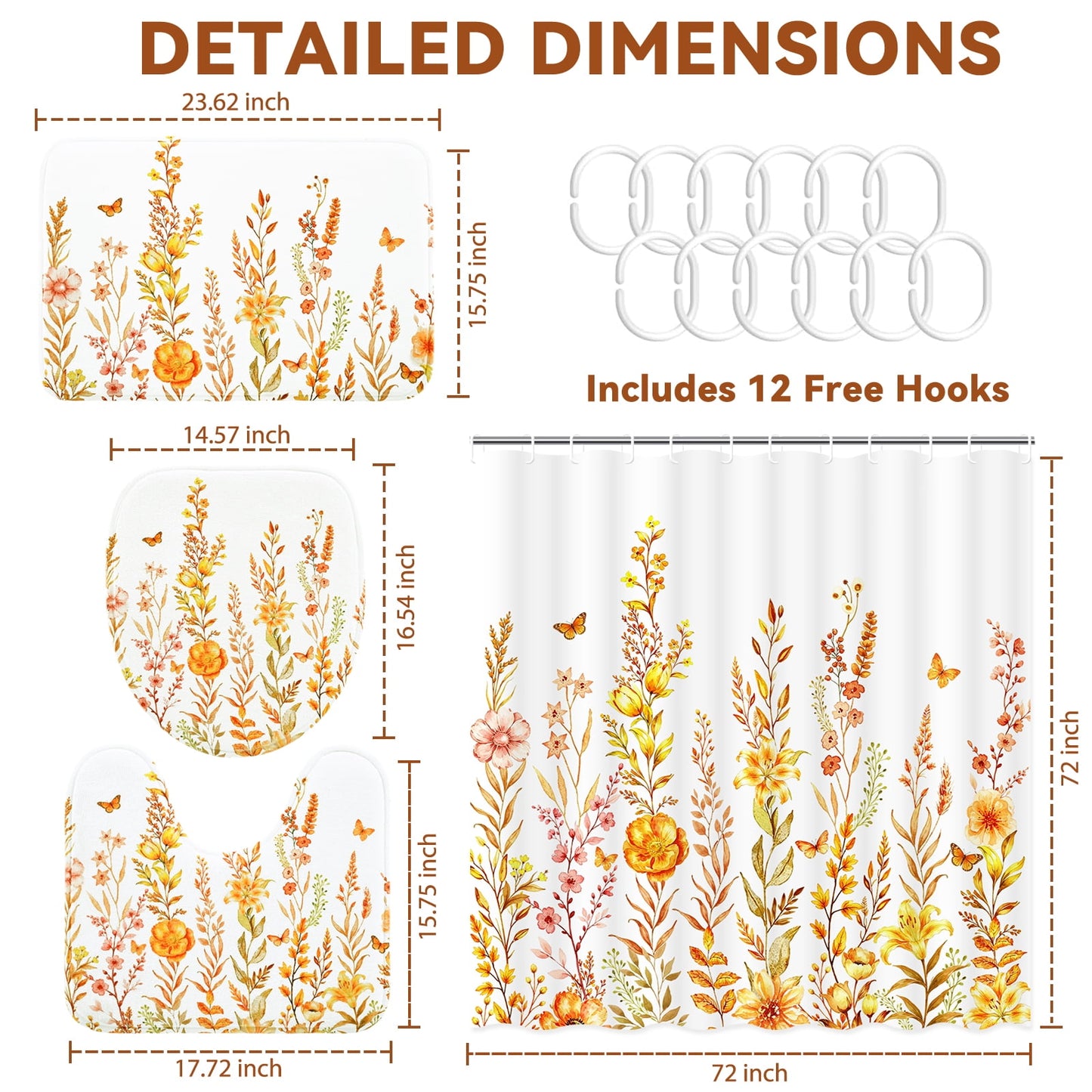 FRAMICS Fall Floral Shower Curtain Sets with Rugs, Waterproof Fabric Watercolor Flower Bathroom Sets with Hooks, Orange, 72" x 72"