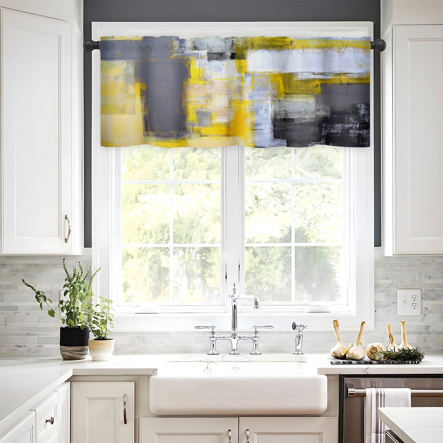 Alishomtll Curtain Valances for Kitchen Living Room Bedroom Grey Yellow Rod Pocket Valance ,54 x 18 inch