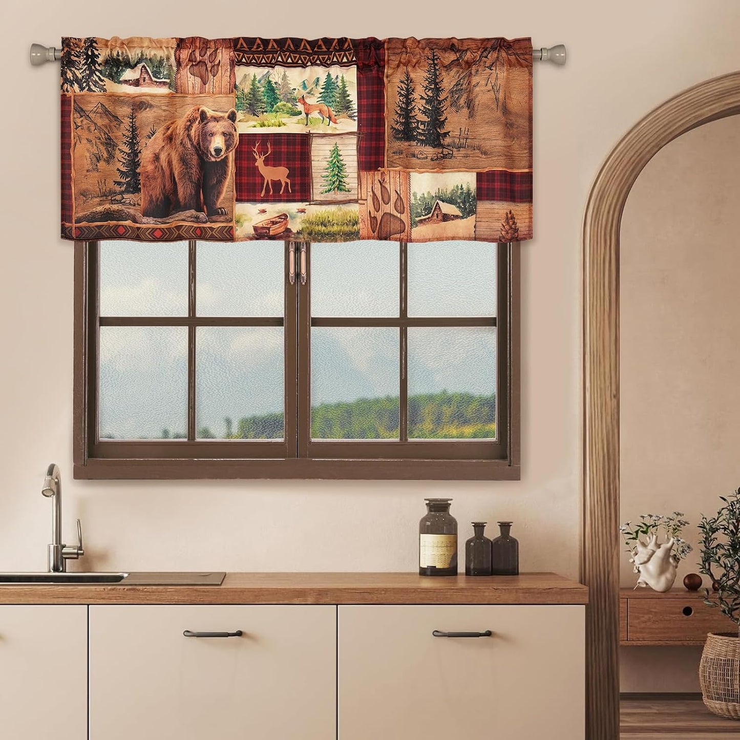 Alishomtll Kitchen Curtains Farmhouse Rustic Country Valance Curtains Bear Moose Deer Window Valance 18 Inches,Rod Pocket