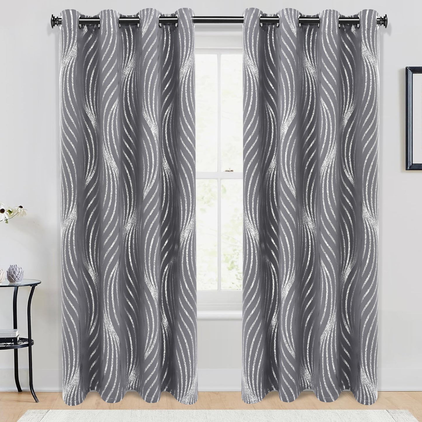 Alishomtll Grey Blackout Curtains for Living Room ,Modern Metallic Silver Wave Pattern Bedroom Thermal Insulated Drapes ,2 Panel Set,52"x84"