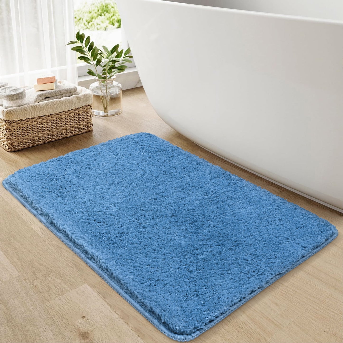 FRAMICS Slub Textured Fabric Shower Curtain Sets with Rug, 14 Piece Floral Bathroom Sets with Hooks, Heavy-Duty & Waterproof, Blue, 72" x 72"