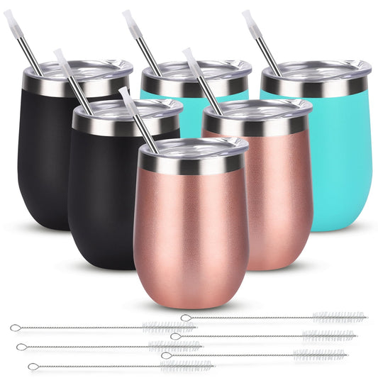 Gingprous 6 Pack 12 oz Stainless Steel Tumblers with Lids Straws, Double Wall Travel Tumblers, Vacuum Insulated Tumblers, Insulated Coffee Cup , (Rose Gold*2+Lake Blue*2+Black*2)