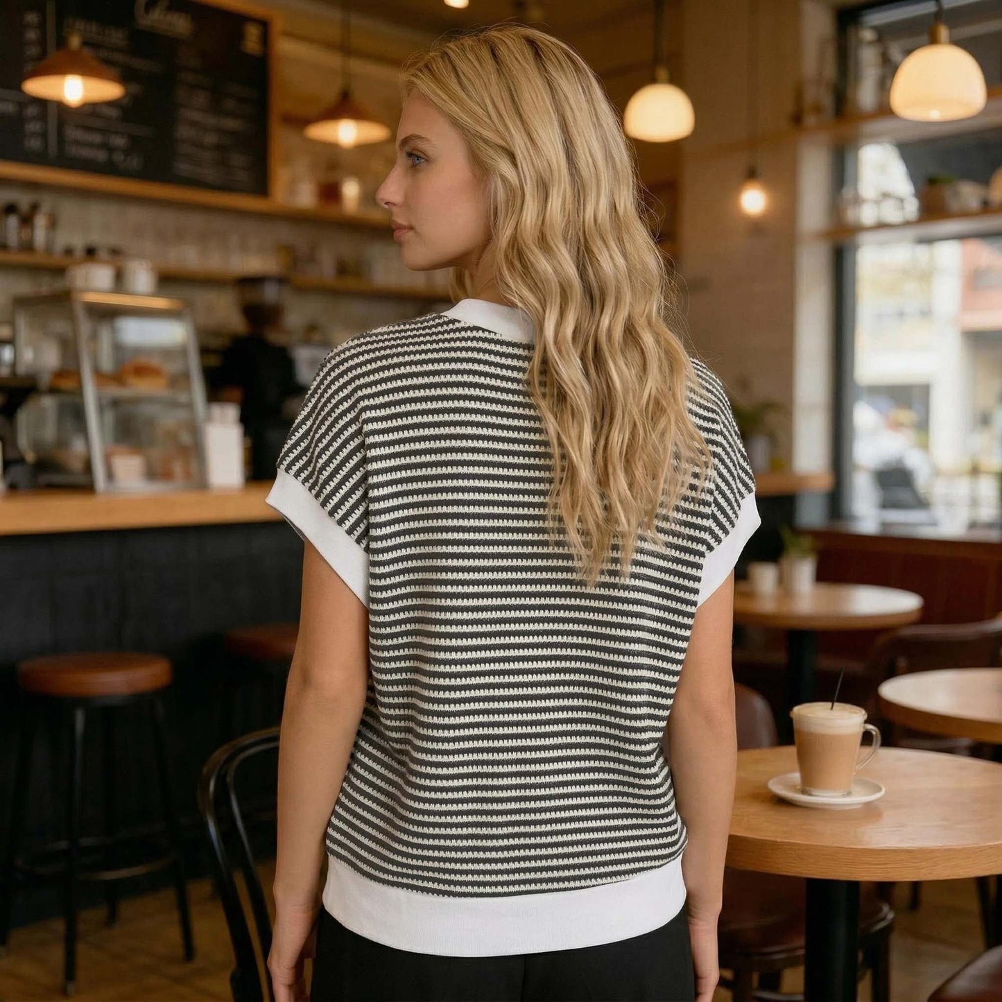 Gingprous Women's Striped Short Sleeve Sweater, Cap Sleeve Crew Neck Knit Top Pullover for Spring Summer