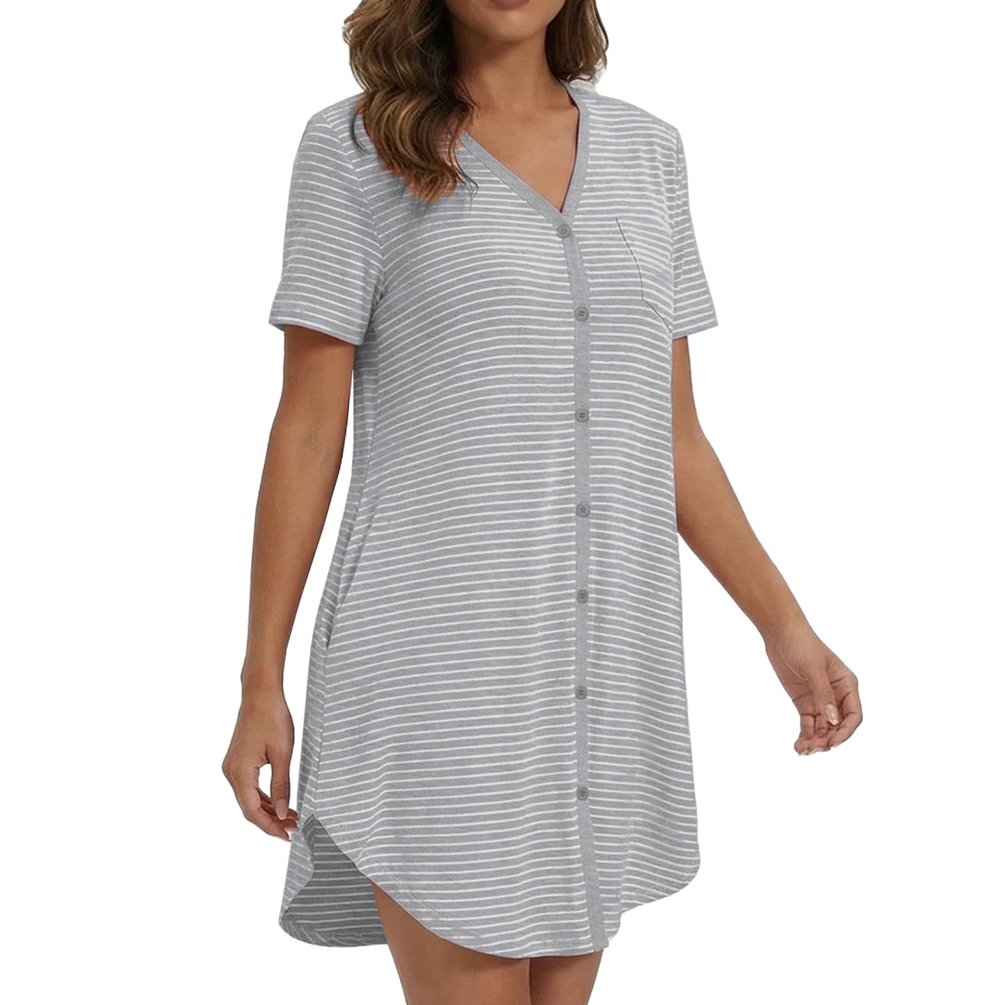 MecTo Women's Soft Cotton Nightgown, Short Sleeve V-Neck Button Down Sleepshirt with Pockets, Casual Striped Night Gowns for Women
