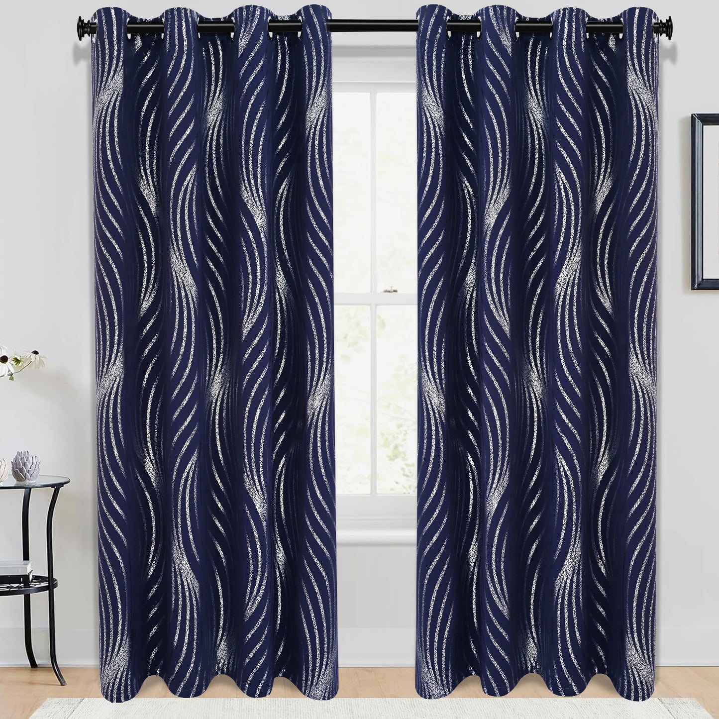 Alishomtll Navy Blue Blackout Curtains for Living Room ,Modern Metallic Silver Wave Pattern Bedroom Thermal Insulated Drapes ,2 Panel Set,52"x84"