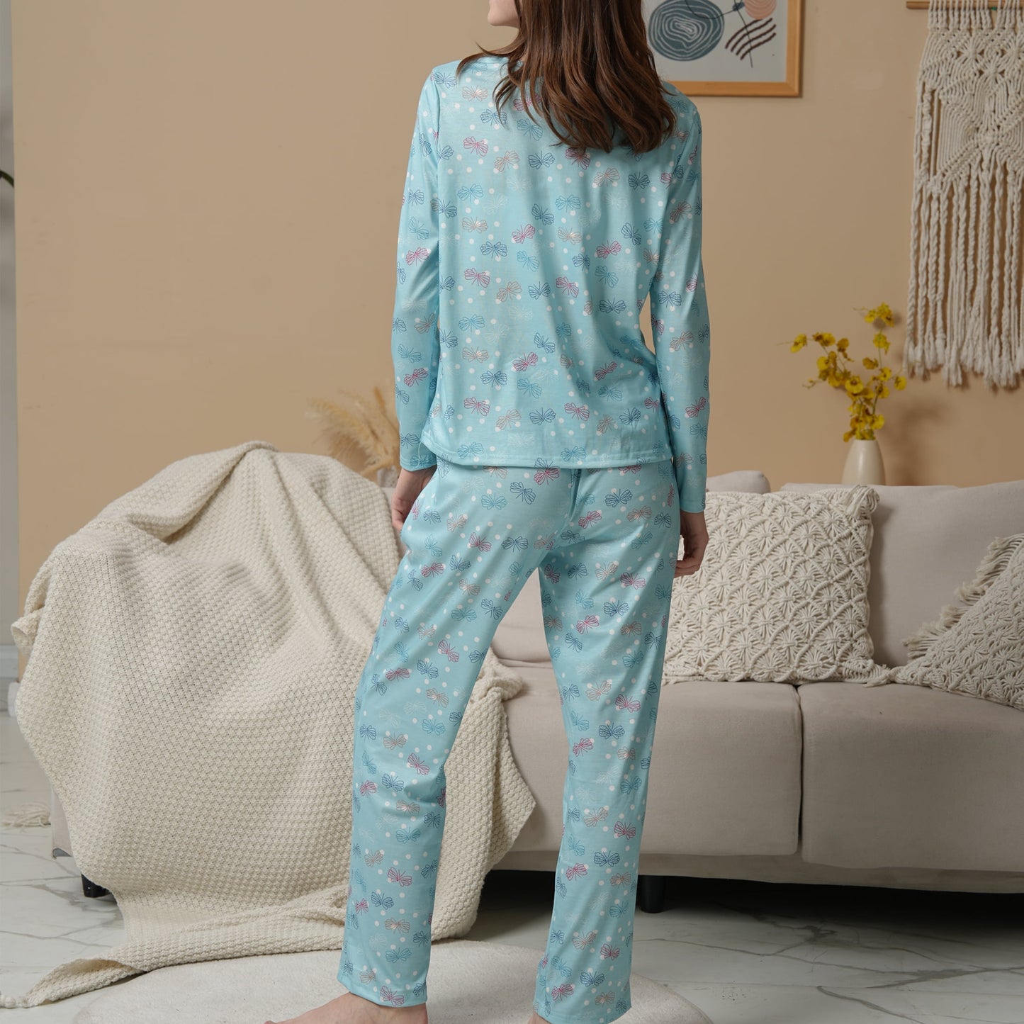 MecTo Women Pajamas Sets Cotton Pj Set Long Sleeve Top with Long Pants Sleepwear 2 Piece Lounge Set