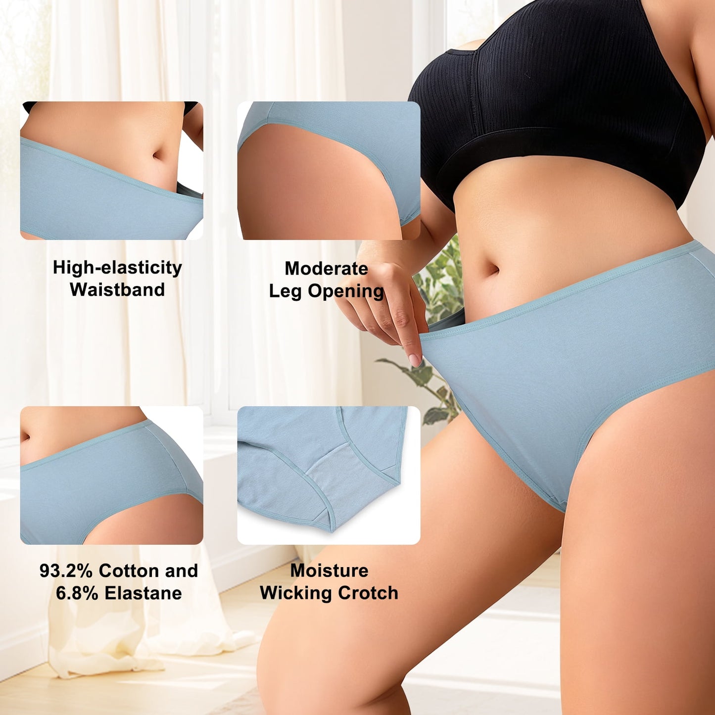 MecTo Womens Cotton Underwear Plus Size, Stretch Briefs High Waisted Full Coverage Breathable Panties 4 Pack
