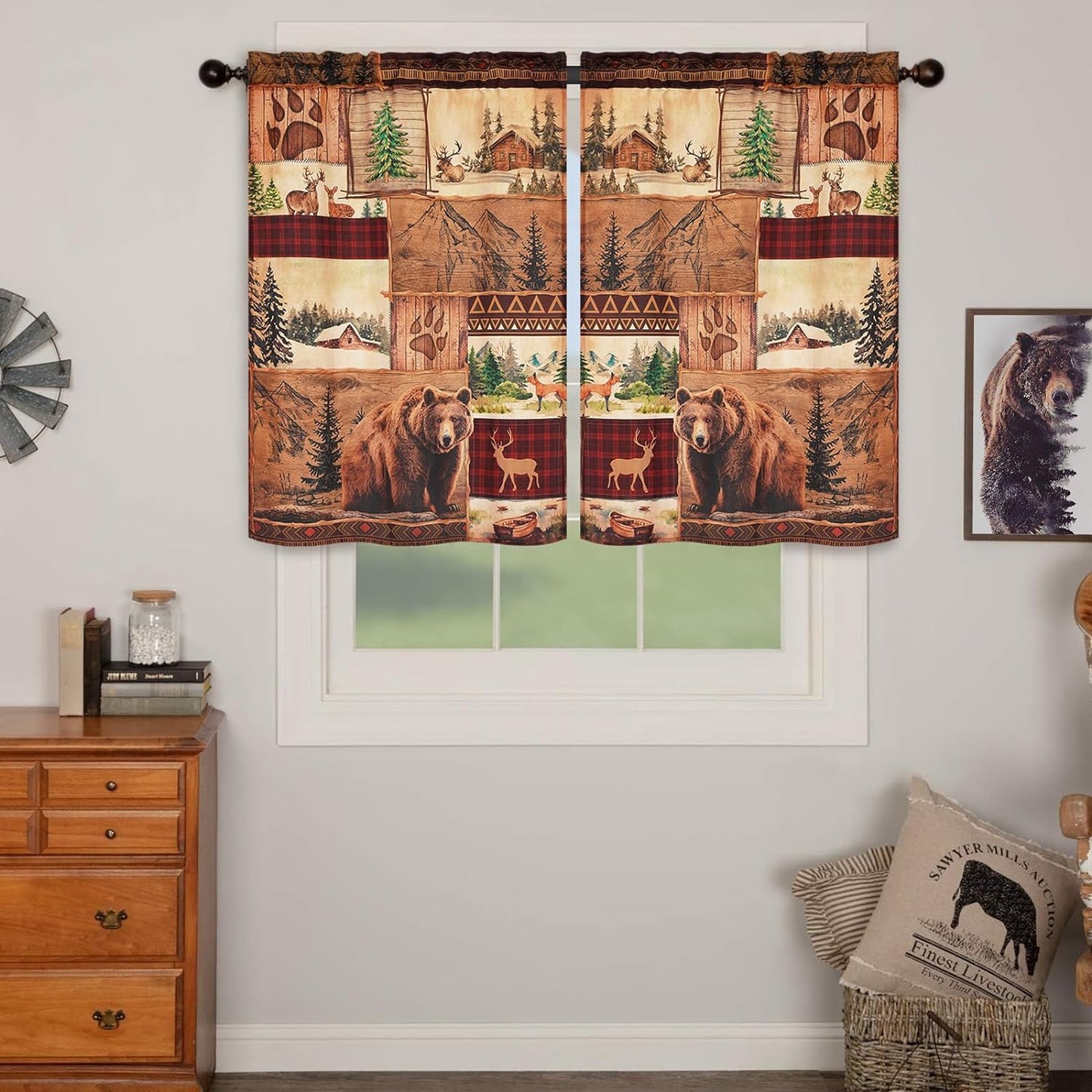 Alishomtll Kitchen Curtains Farmhouse Rustic Country Bear Moose Deer Window Tiers Curtain 36 Inches,Rod Pocket
