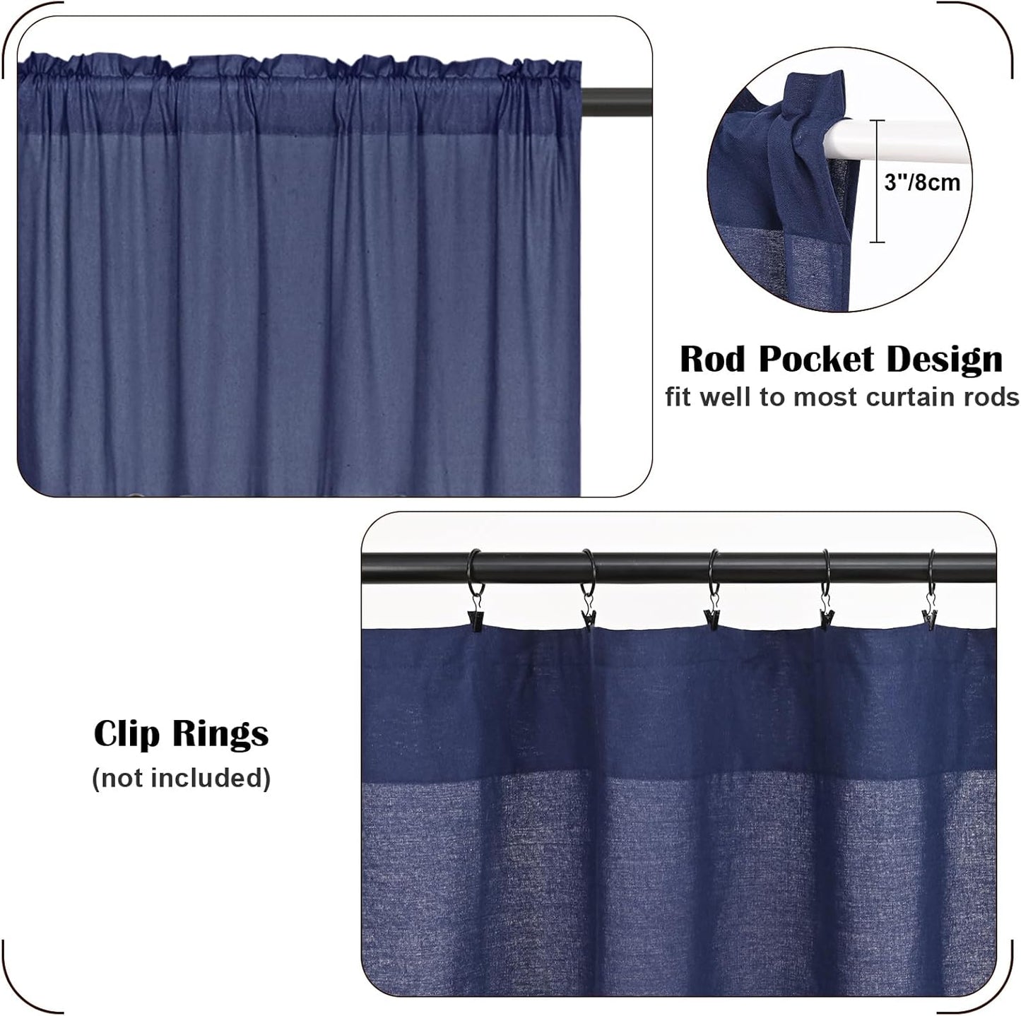 Alishomtll Linen Valance Farmhouse Boho Button Kitchen Curtains ,Rod Pocket,36"L x 52"W, Blue White