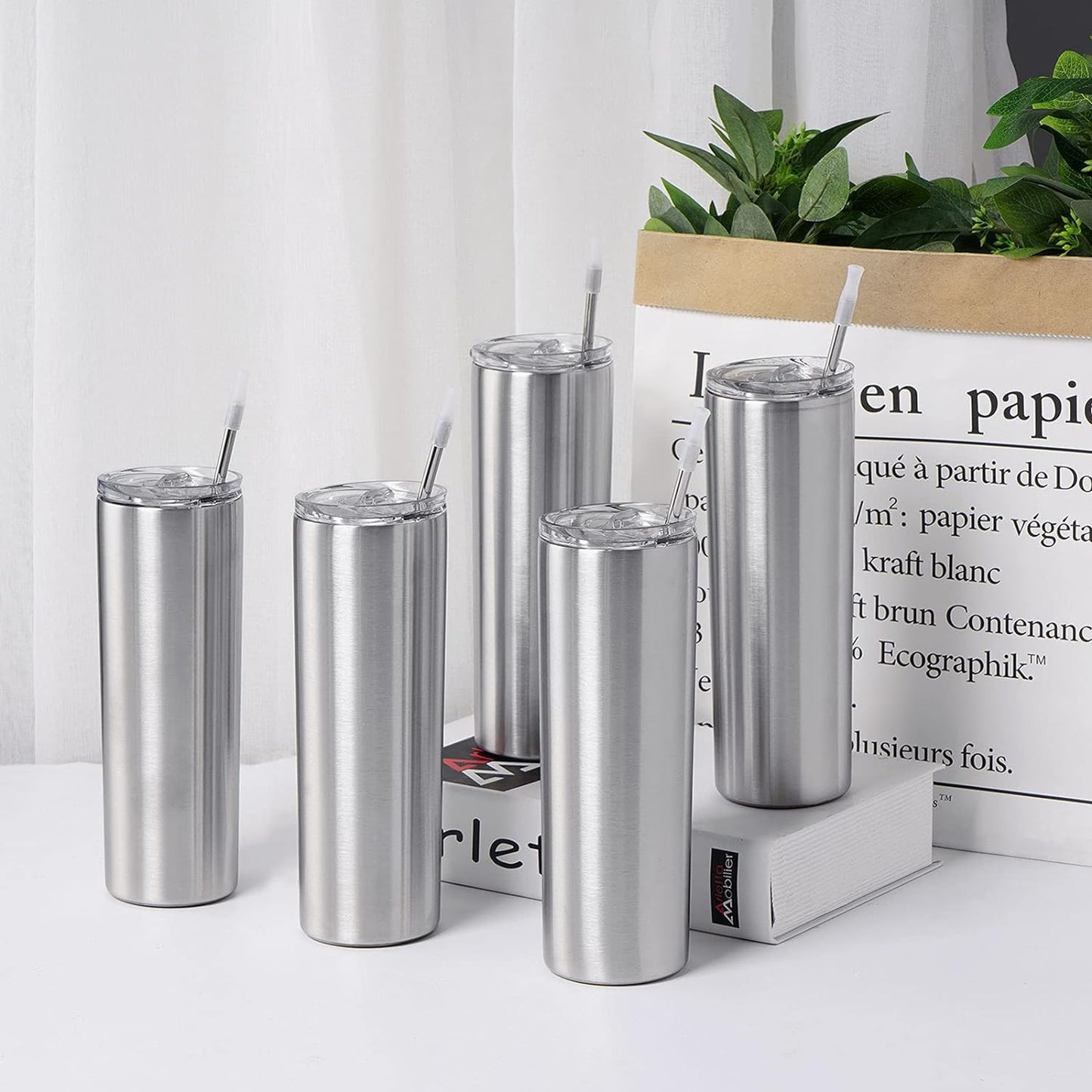 Gingprous 6/8 Pack Skinny Travel Tumblers, Stainless Steel Tumblers with Lid and Straw, 20 oz Double Wall Vacuum Insulated Slim Water Tumbler Cup