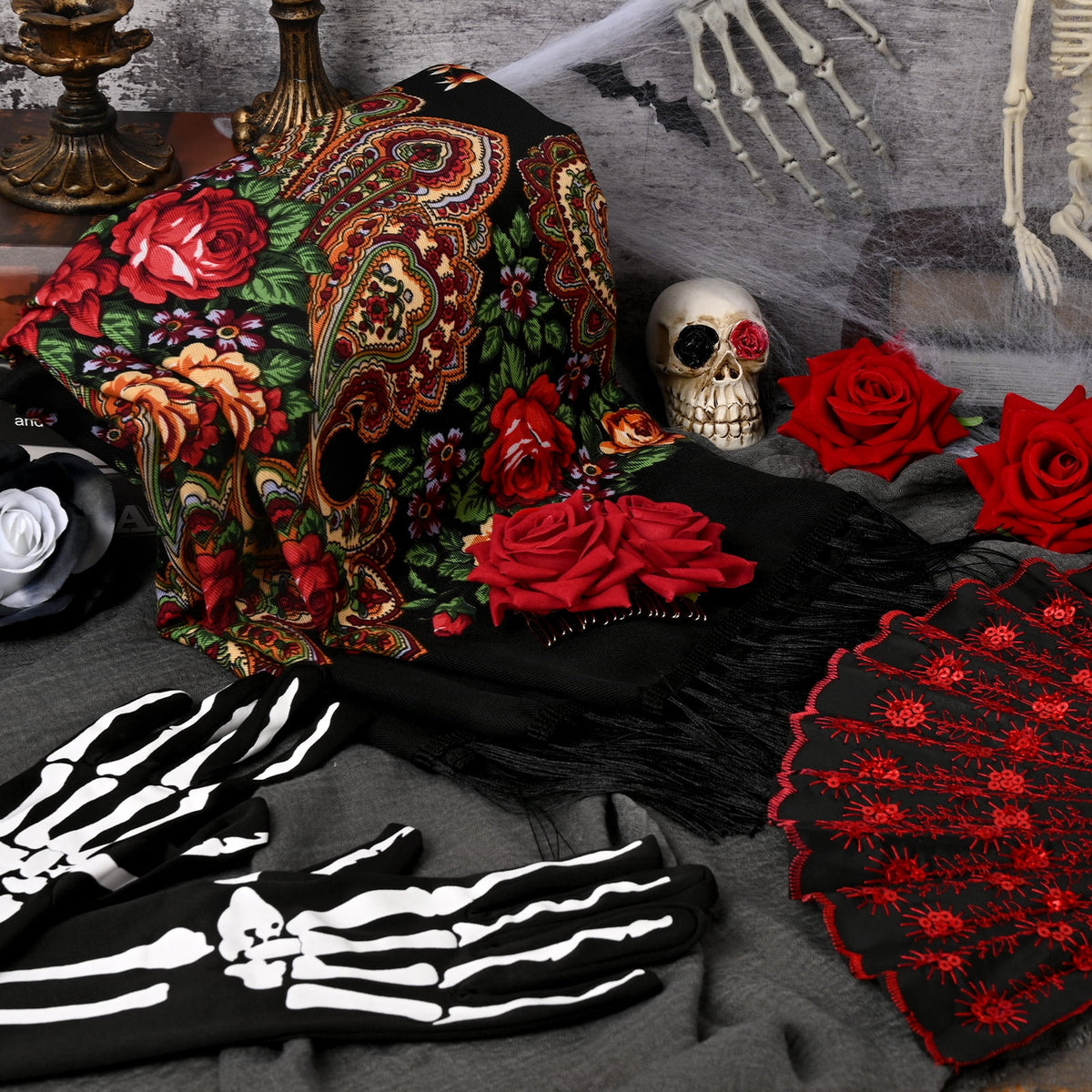 MARTINE MALL 7 Pcs Traditional Mexican Tassel Shawl, Day of the Dead Costumes for Women, Halloween Costume with Flower Hair Clips, Folding Fan, Skeleton Gloves, Temporary Face Tattoos