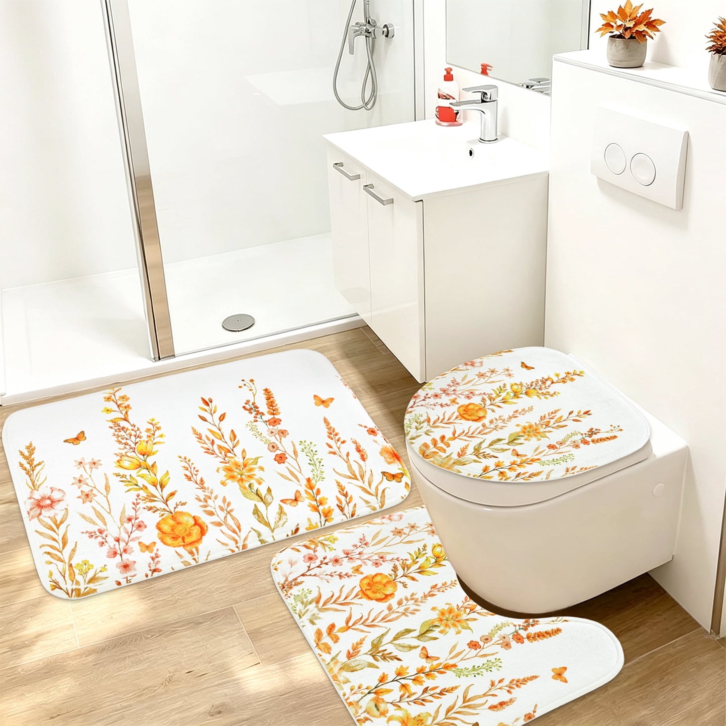 FRAMICS Fall Floral Shower Curtain Sets with Rugs, Waterproof Fabric Watercolor Flower Bathroom Sets with Hooks, Orange, 72" x 72"