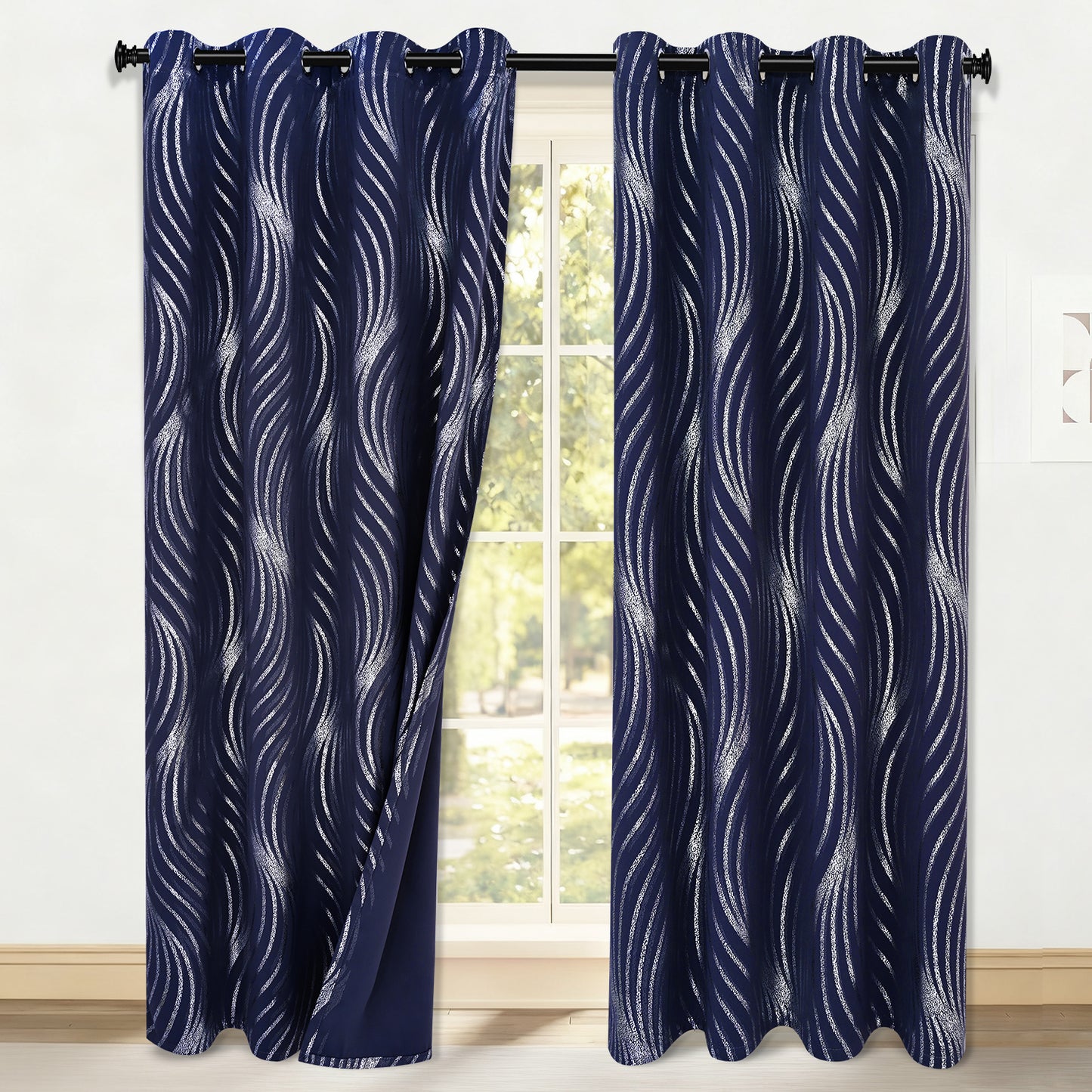 Alishomtll Navy Blue Blackout Curtains for Living Room ,Modern Metallic Silver Wave Pattern Bedroom Thermal Insulated Drapes ,2 Panel Set,52"x84"