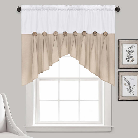 Alishomtll Linen Valance Farmhouse Boho Button Kitchen Curtains ,Rod Pocket,36"L x 52"W, White Linen