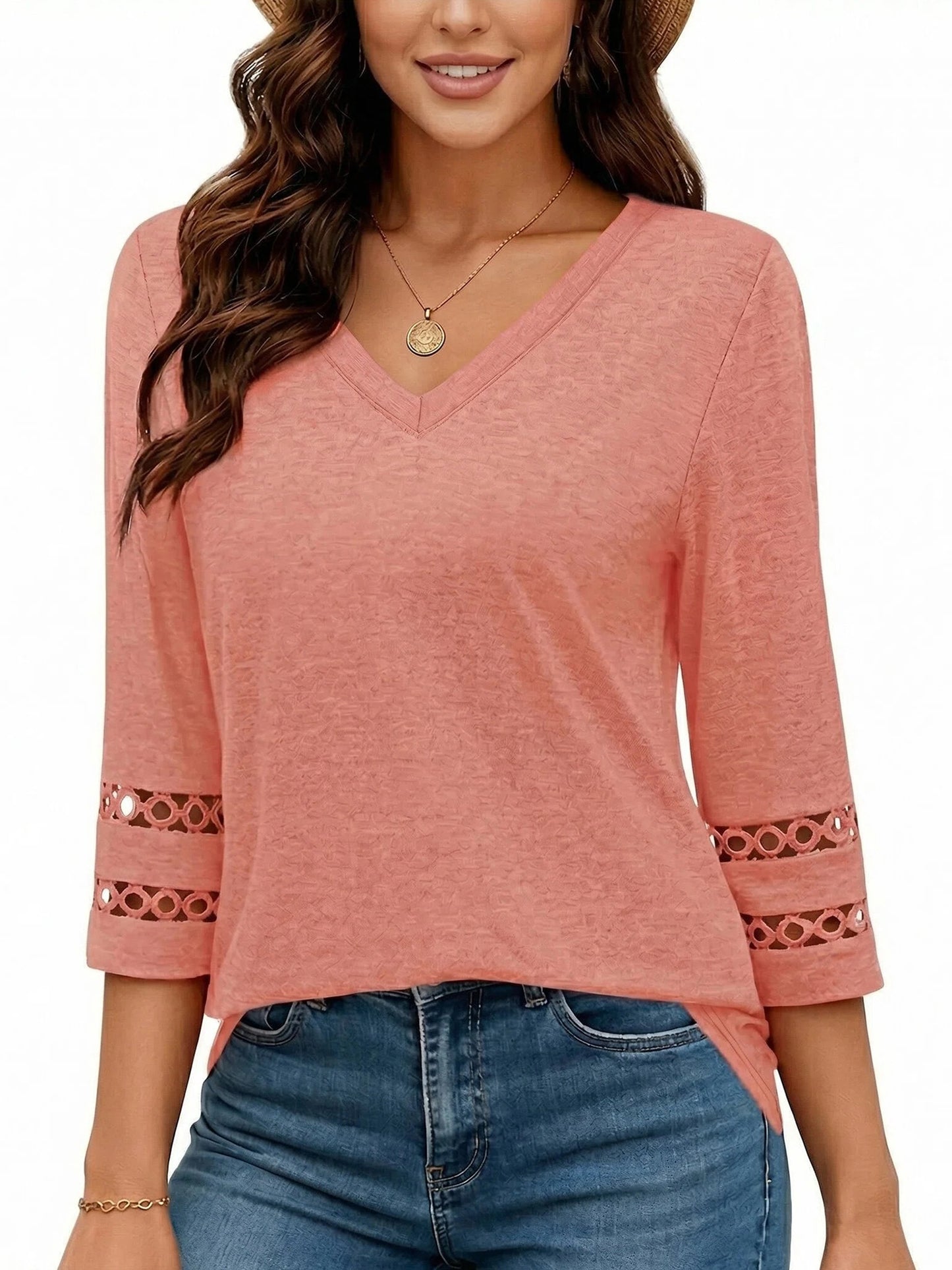 Gingprous 3/4 Sleeve Womens V-Neck Tunic Blouse Hollow Out Lace Sleeve Tops Curved Hem Casual Shirt