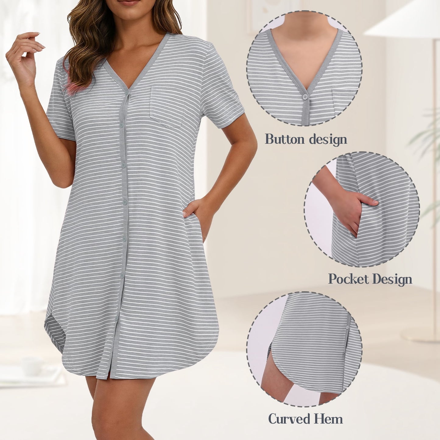 MecTo Women's Soft Cotton Nightgown, Short Sleeve V-Neck Button Down Sleepshirt with Pockets, Casual Striped Night Gowns for Women