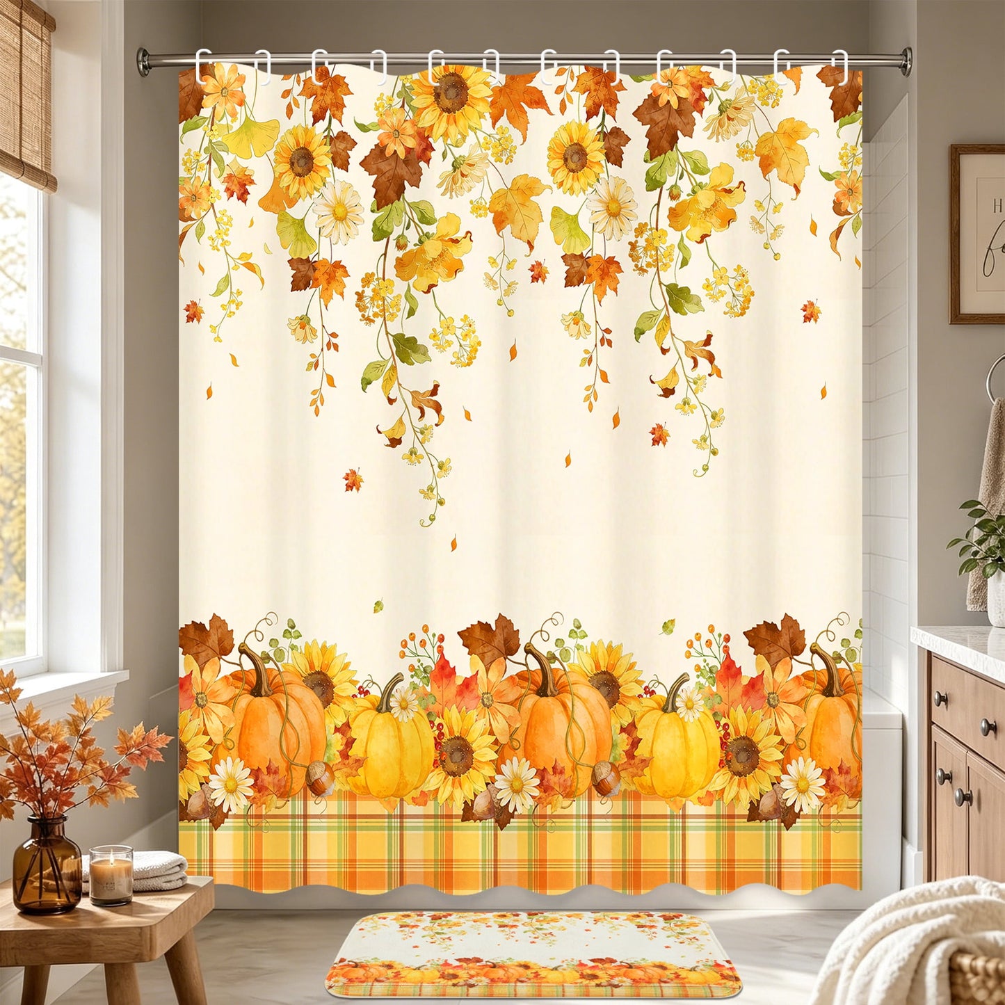 FRAMICS Fall Pumpkin Shower Curtain Sets with Rugs, 16-Piece Thanksgiving Sunflower Buffalo Plaid Bathroom Sets with Hooks, Waterproof Fabric Bathroom Decor Set