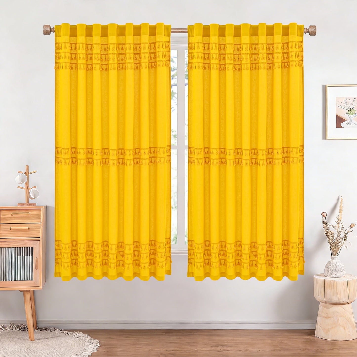 Alishomtll Boho Curtains for Living Room Semi Blackout Curtains with 8 Tassel Window Drapes Back Tab ,Mustard Yellow，52"Wx63"L，2 Panels