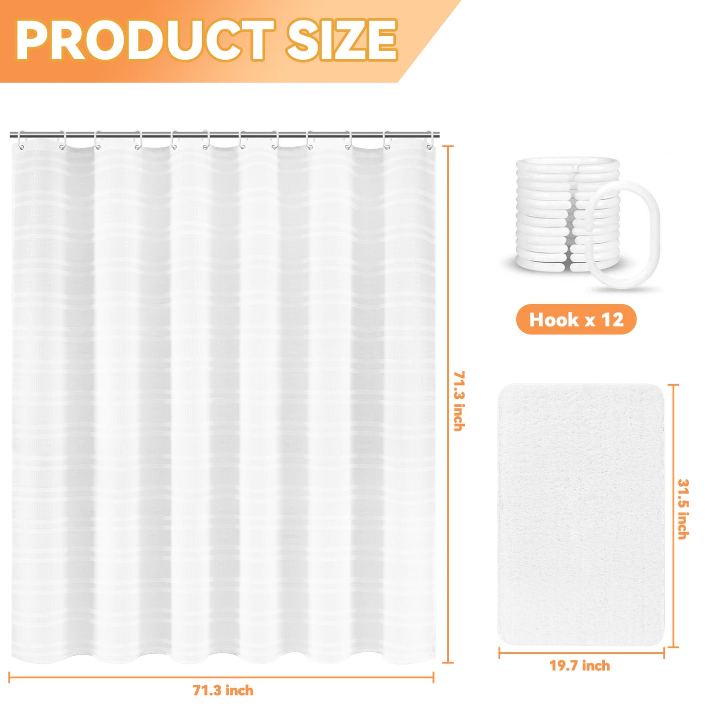 FRAMICS Waffle Weave Shower Curtain Sets with Rug, 14-Piece Striped Bathroom Sets with Hooks, Heavy-Duty Waterproof Fabric, Hotel Grade, White, 71.3" x 71.3"