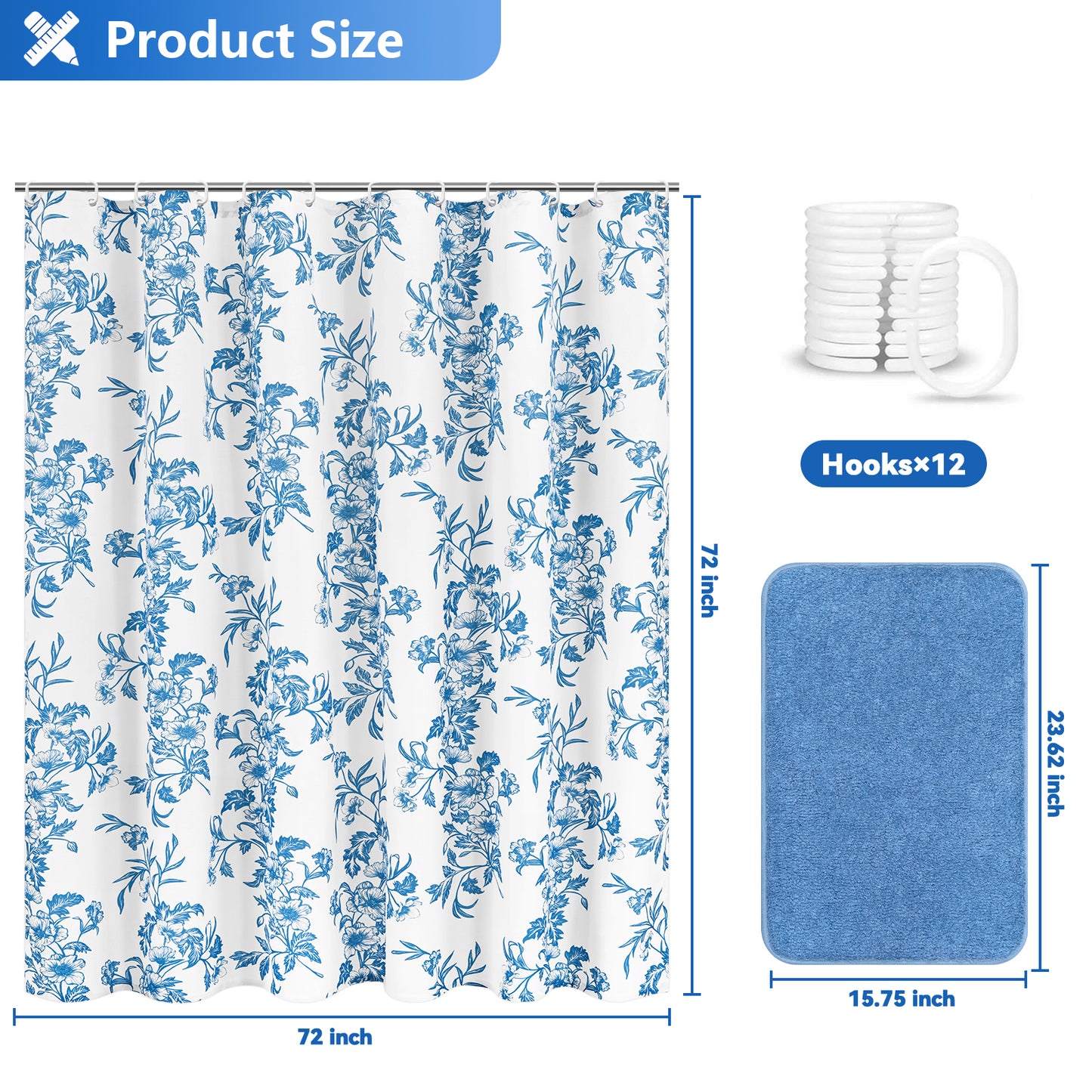 FRAMICS Slub Textured Fabric Shower Curtain Sets with Rug, 14 Piece Floral Bathroom Sets with Hooks, Heavy-Duty & Waterproof, Blue, 72" x 72"