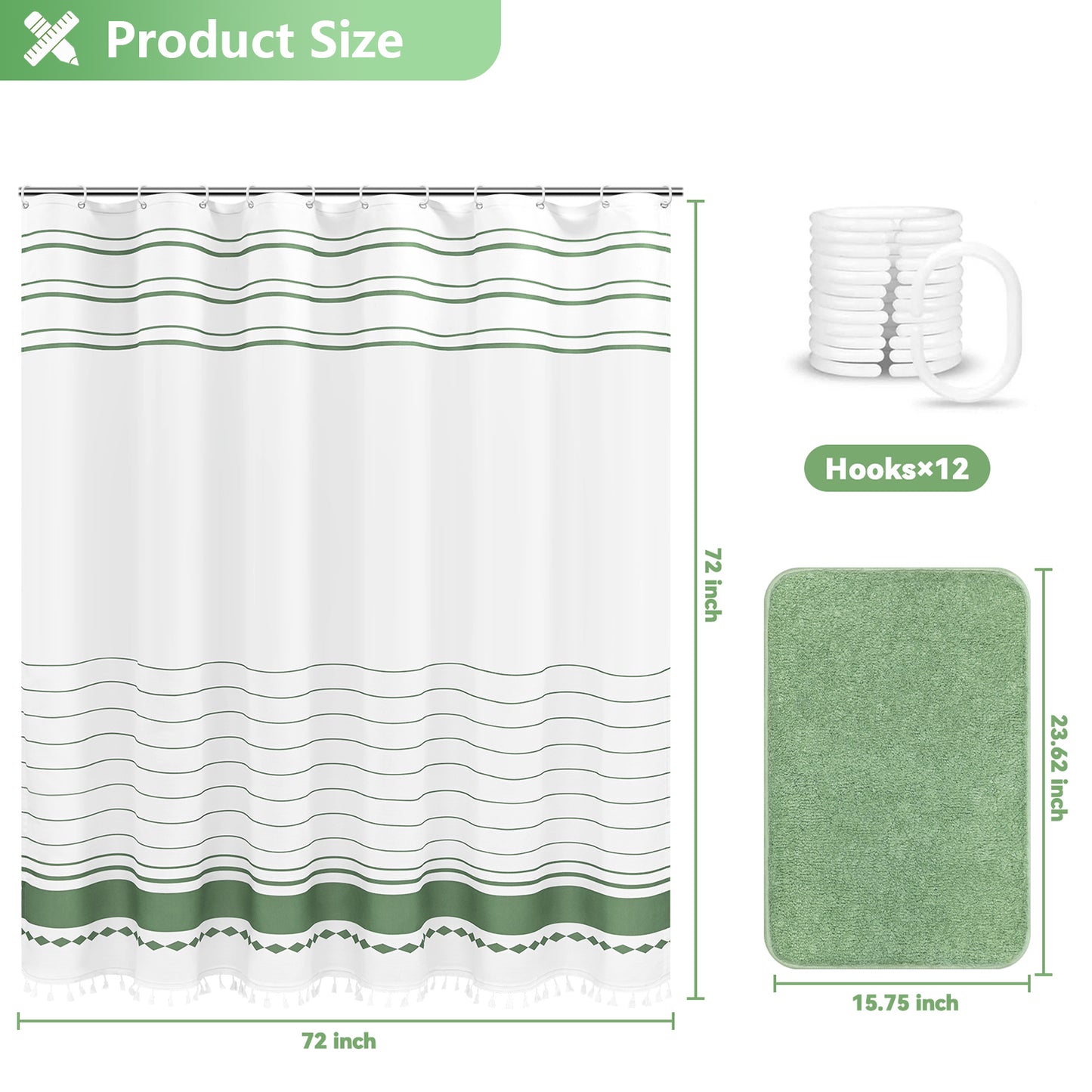 FRAMICS Striped Tassel Shower Curtain Sets with Bath Rug, Boho Farmhouse Water-Repellent Fabric Bathroom Sets with Hooks, Slub Textured Design, 72" x 72", Sage Green