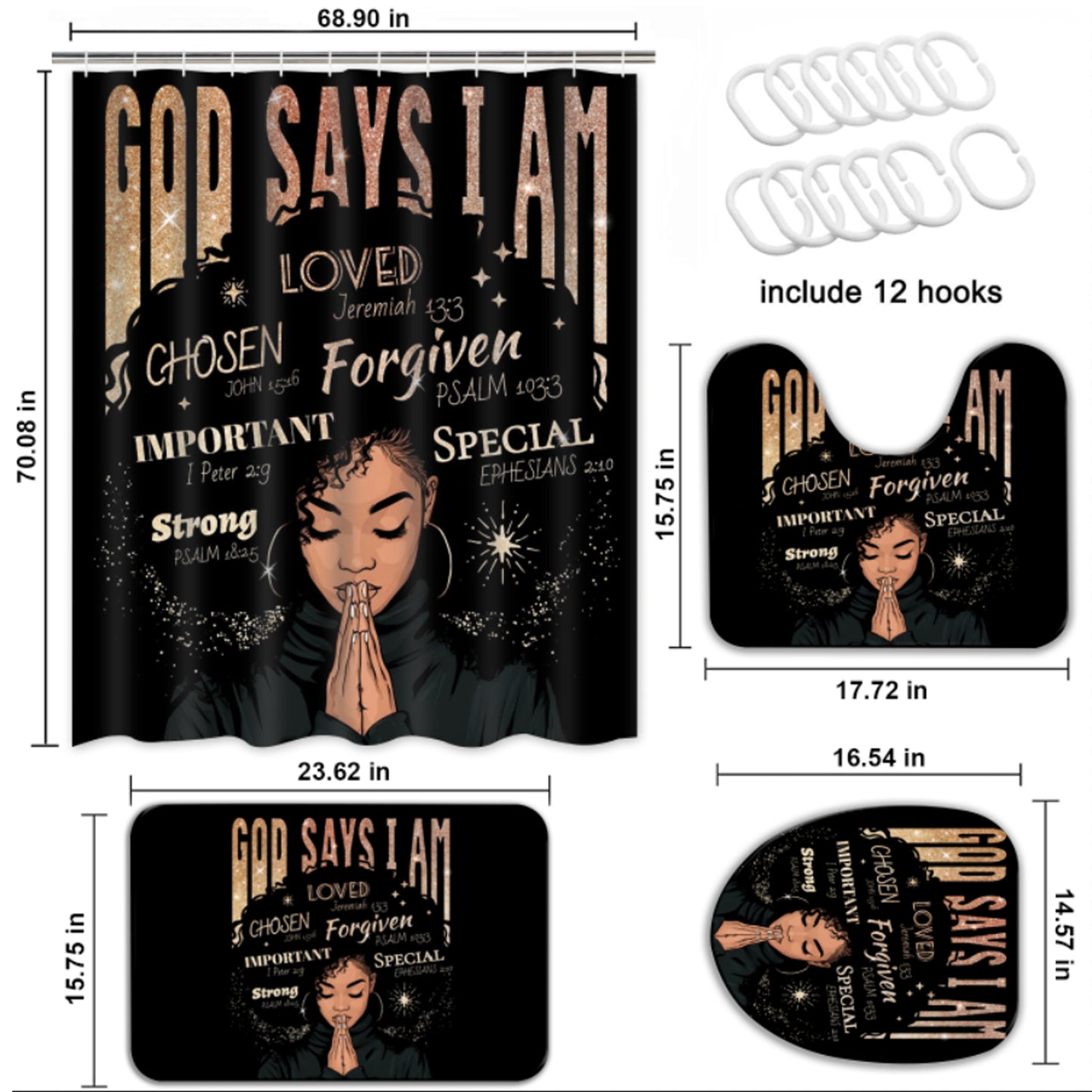 FRAMICS Black Girl with Glitter Quotes Pattern Polyester Shower Curtain and Rug Sets, 16 Pc Bathroom Sets with Non-Slip Mats, Waterproof Shower Curtain with 12 Hooks and Toilet Rugs