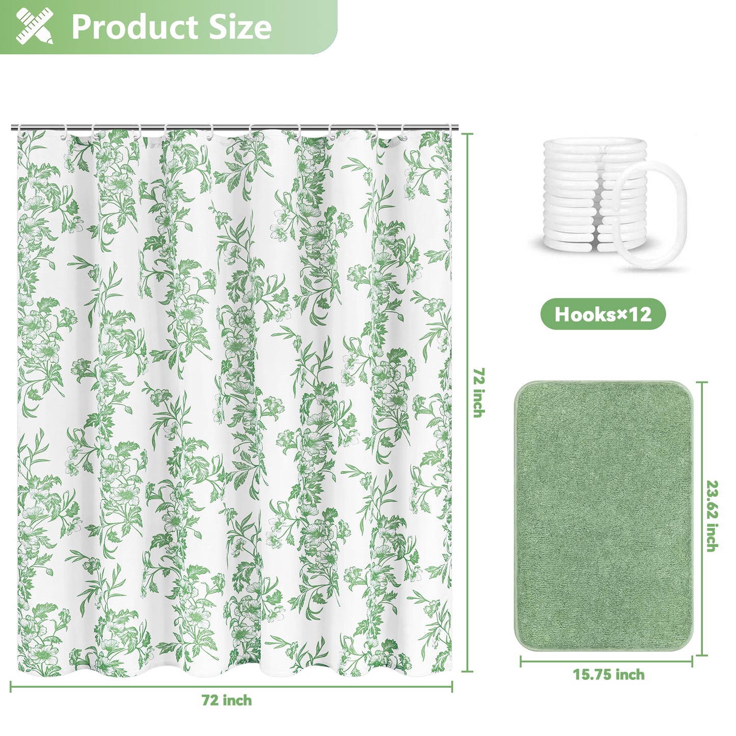 FRAMICS 14 Piece Floral Shower Curtain Sets with Rug, Slub Textured Heavy-Duty Fabric Bathroom Sets with Hooks, Waterproof & Washable, Sage Green, 72" x 72"
