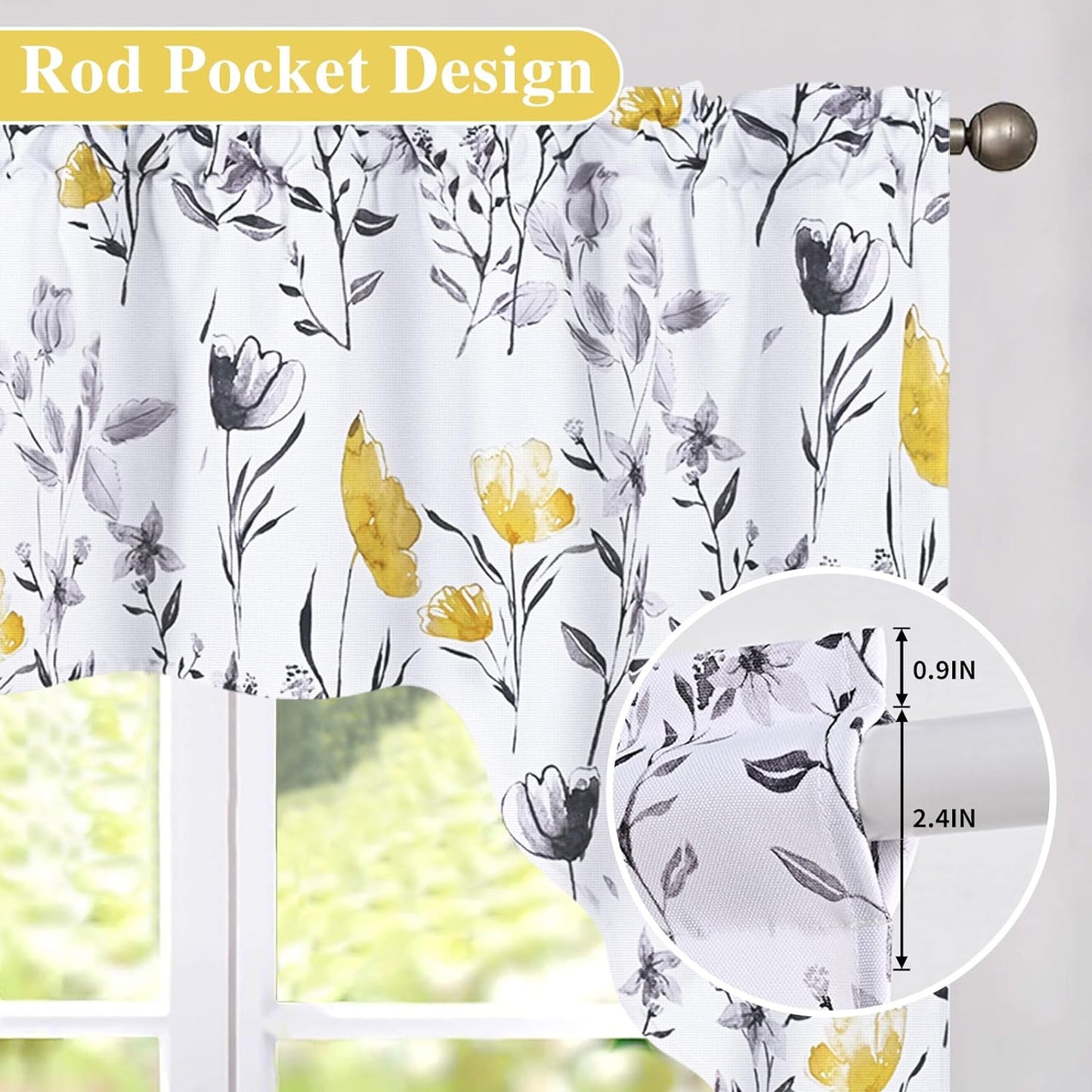 Alishomtll Kitchen Curtains Valances Swags for Windows Yellow Floral Printed Window Drapes,61" W x 36" L,Rod Pocket