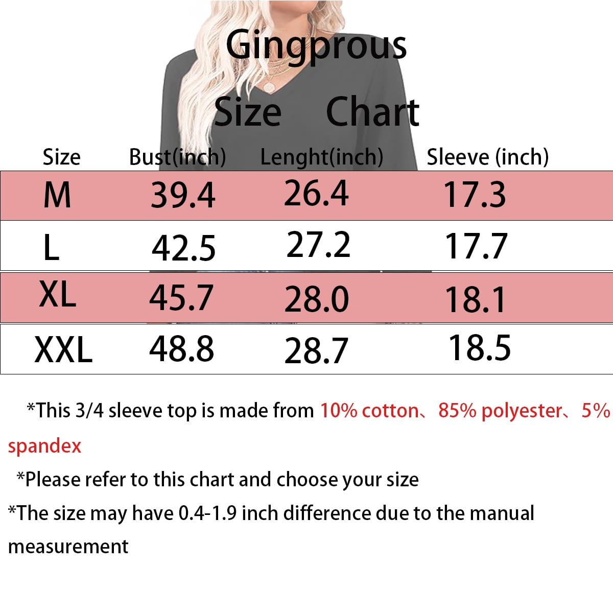Gingprous 3/4 Sleeve Womens V-Neck Tunic Blouse Hollow Out Lace Sleeve Tops Curved Hem Casual Shirt