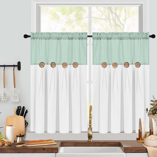 Alishomtll Linen Farmhouse White Boho Button Solid Print Rod Pocket Light Filtering Curtains, 26" x 36" (2 Panels),Teal white