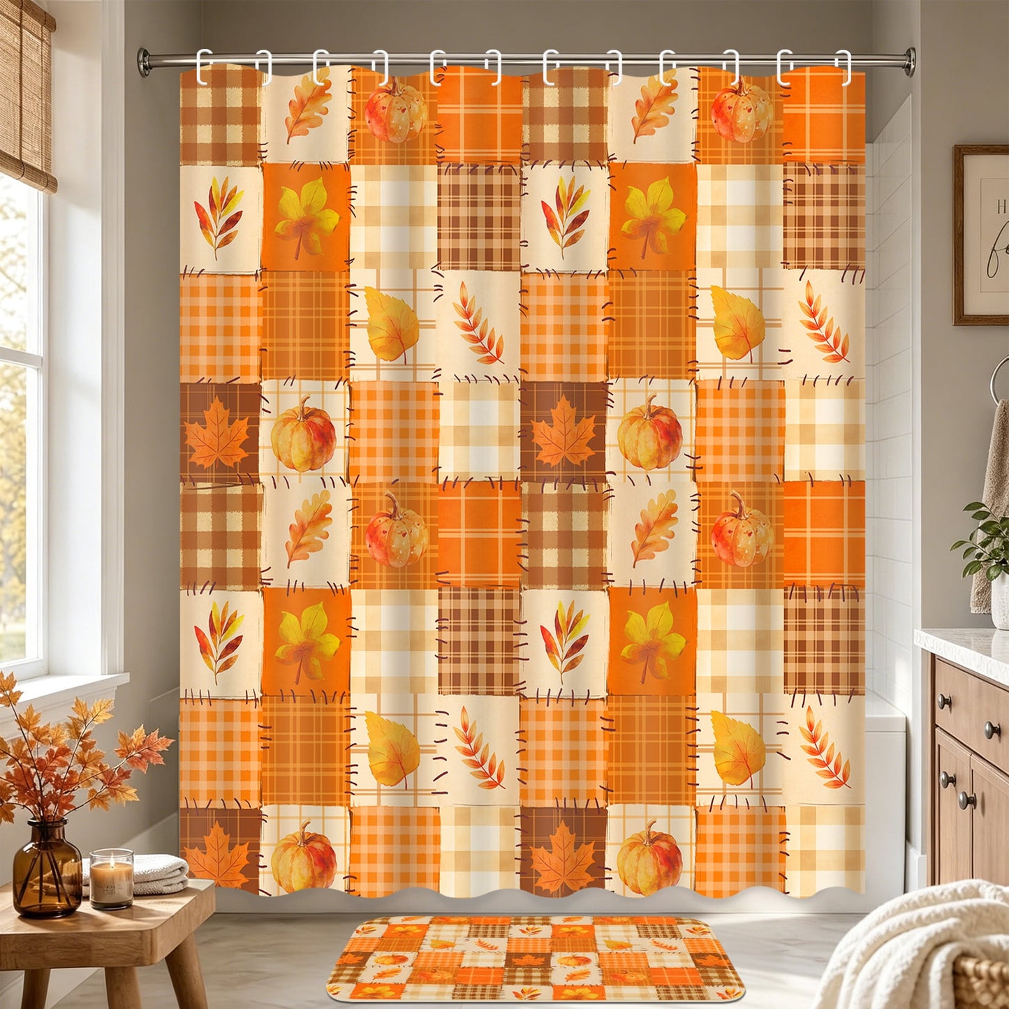FRAMICS Fall Pumpkin Shower Curtain Sets with Non-Slip Rugs and Hooks, 16-Piece Thanksgiving Leaves Plaid Bathroom Sets, Waterproof Fabric Orange Bathroom Decor Set