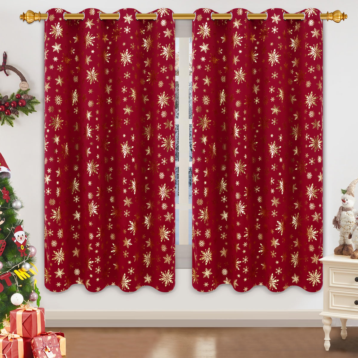 Alishomtll Red Christmas Curtains for Living Room Blackout Golden Snowflake Foil Pattern Room Darkening Window Drapes Holiday Xmas Decor, 52" x 84"L, Set of 2 Panels