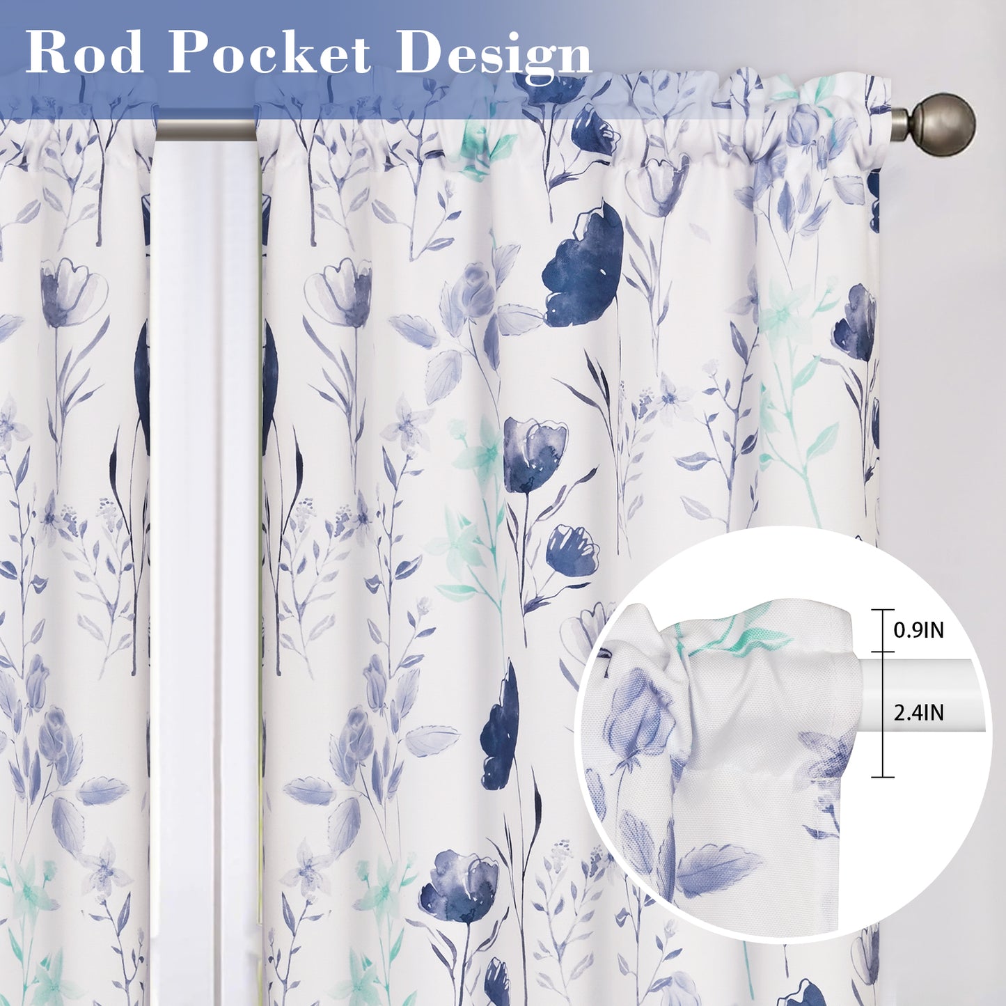 Alishomtll Kitchen Curtains Floral Print Tier Curtains Sets Light Filtering Small Window Drapes Rod Pocket ,26"Wx36"L,2 Panels,Gray Blue