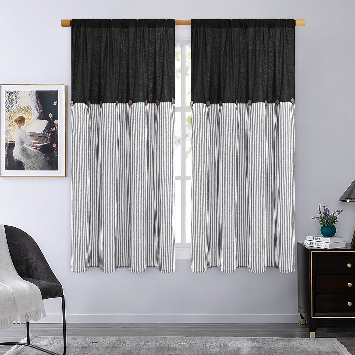 Alishomtll Farmhouse Curtains Natural Stripe Cotton Linen Button Boho Rustic Rod Pocket Back Tab Window Drapes for Living Room , 2 Panels