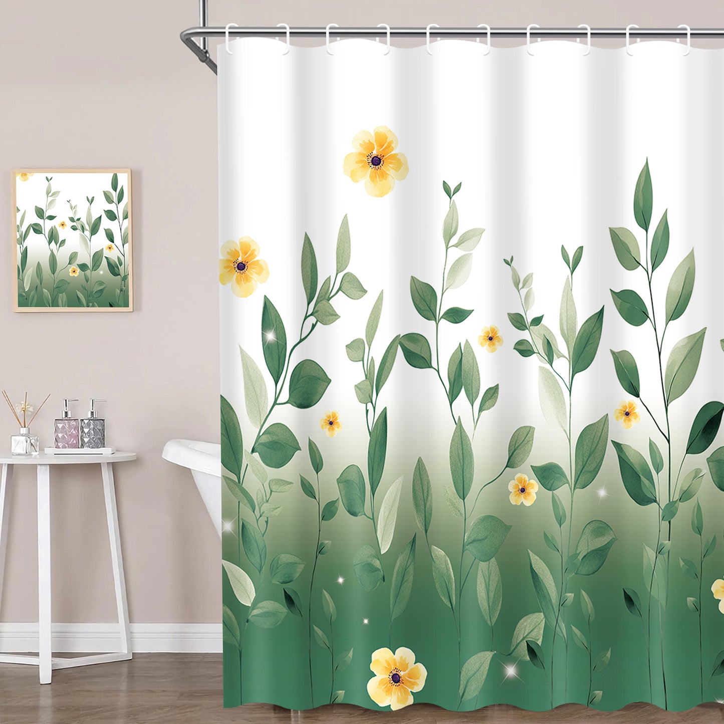 FRAMICS 16-Piece Ombre Floral Shower Curtain Sets with Rugs, Green Eucalyptus Leaves Bathroom Sets, Waterproof Fabric Bathroom Curtain Decor with Hooks
