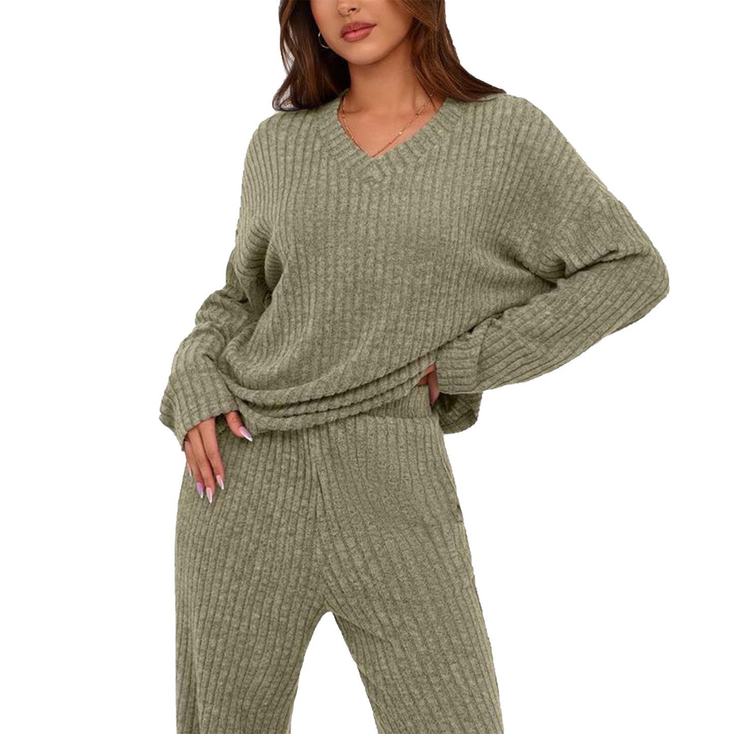 MecTo Womens Pajamas Sets V-neck Long Sleeves Top and Long Pants With Pockets Two Pieces Lounge Sets Fall Oufits