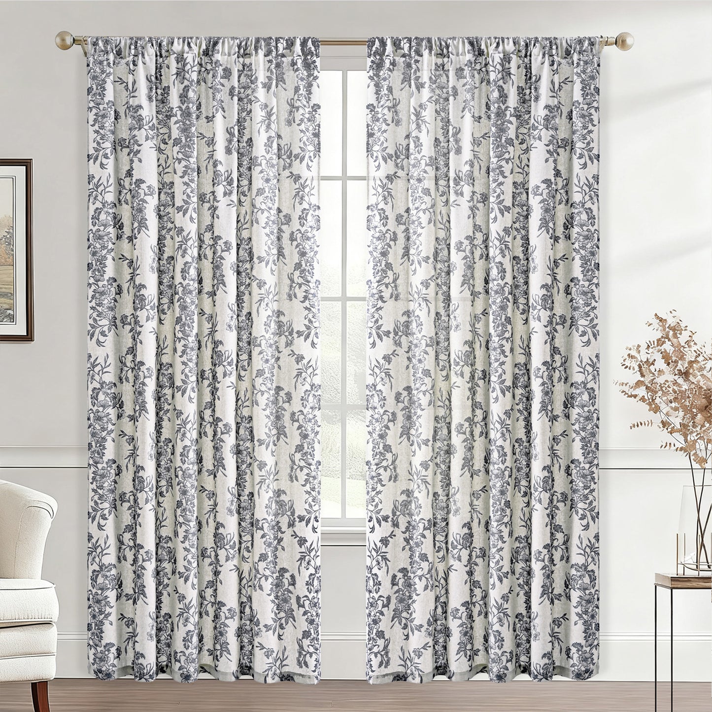 Alishomtll Floral Curtains for Living Room Farmhouse Country Linen Curtains Light Filtering Window Drapes,Black ,52"x84", 2 Panels