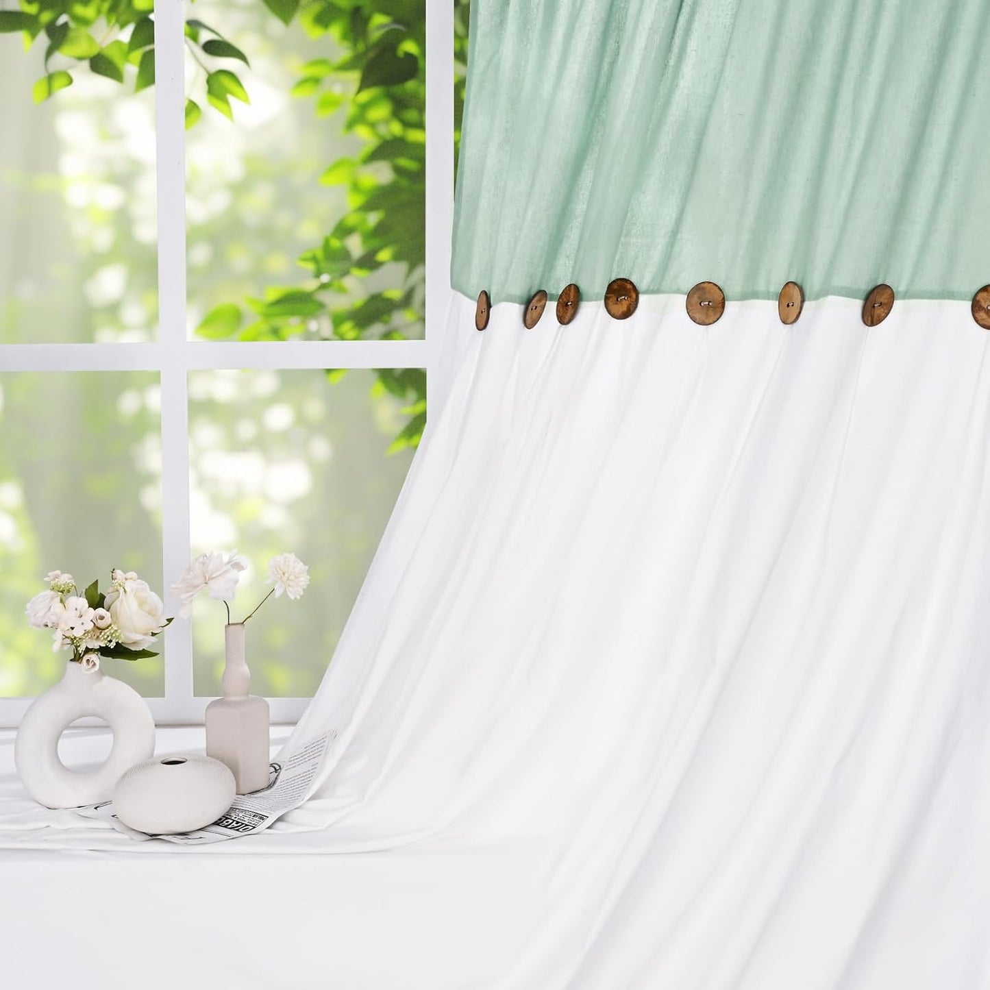 Alishomtll Linen Curtains Farmhouse Boho Button Light Filtering Window Drapes For Living Room Bedroom,Rod Pocket,63"L x 52"W, 2 Panel,Teal White