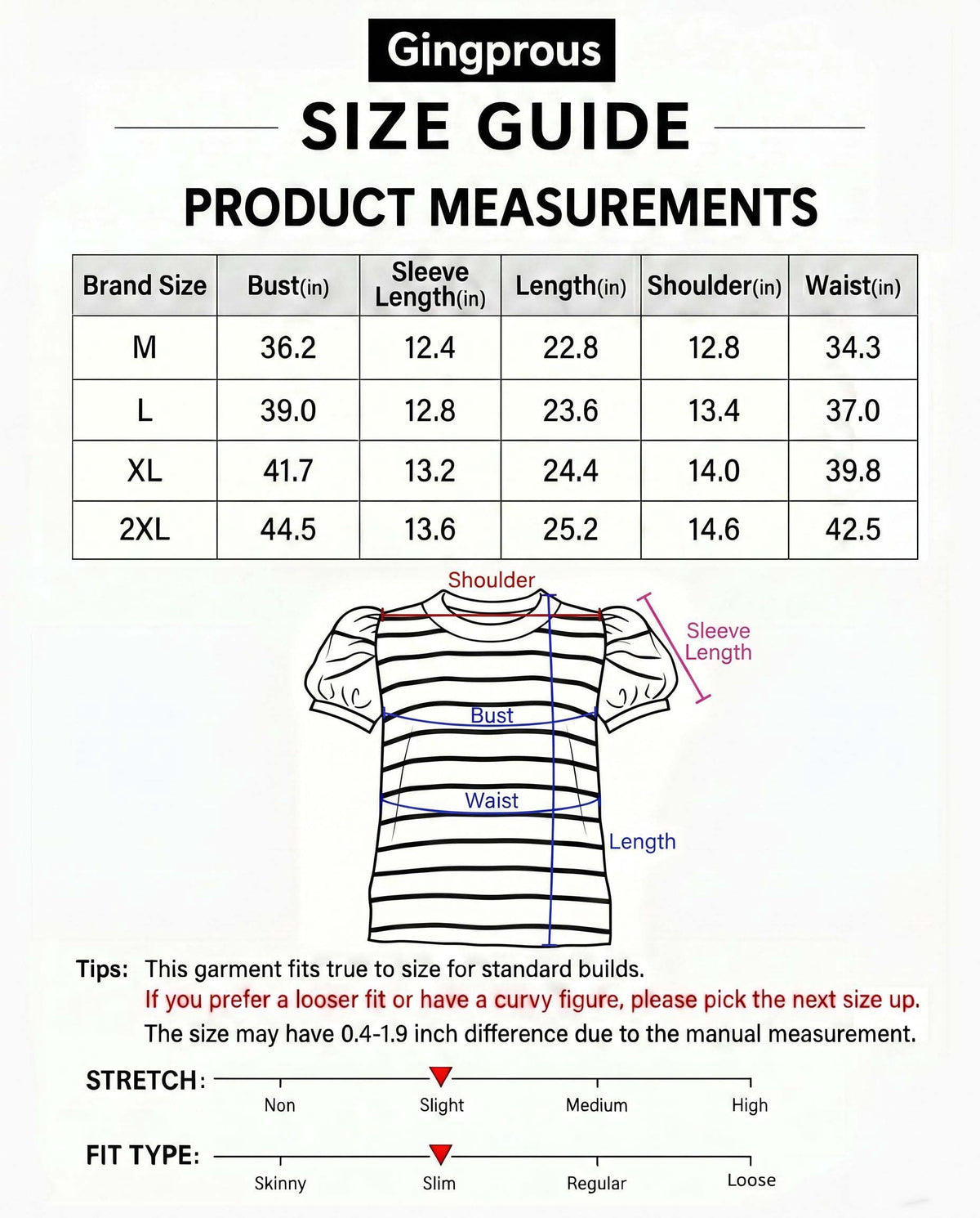 Gingprous Womens Striped Puff Sleeve T-Shirt Casual Crew Neck Knit Top Short Sleeve Summer Spring Blouse