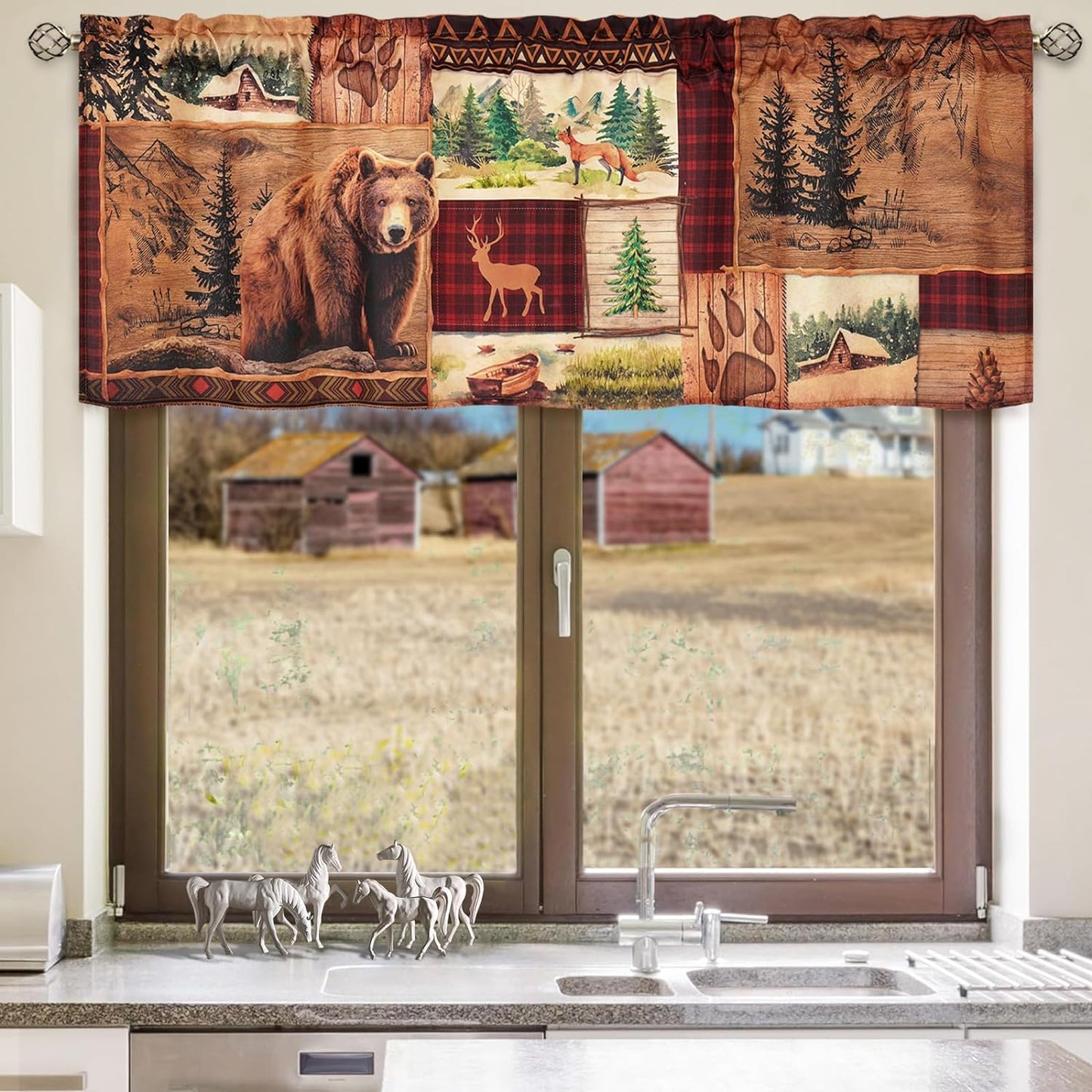 Alishomtll Kitchen Curtains Farmhouse Rustic Country Valance Curtains Bear Moose Deer Window Valance 18 Inches,Rod Pocket