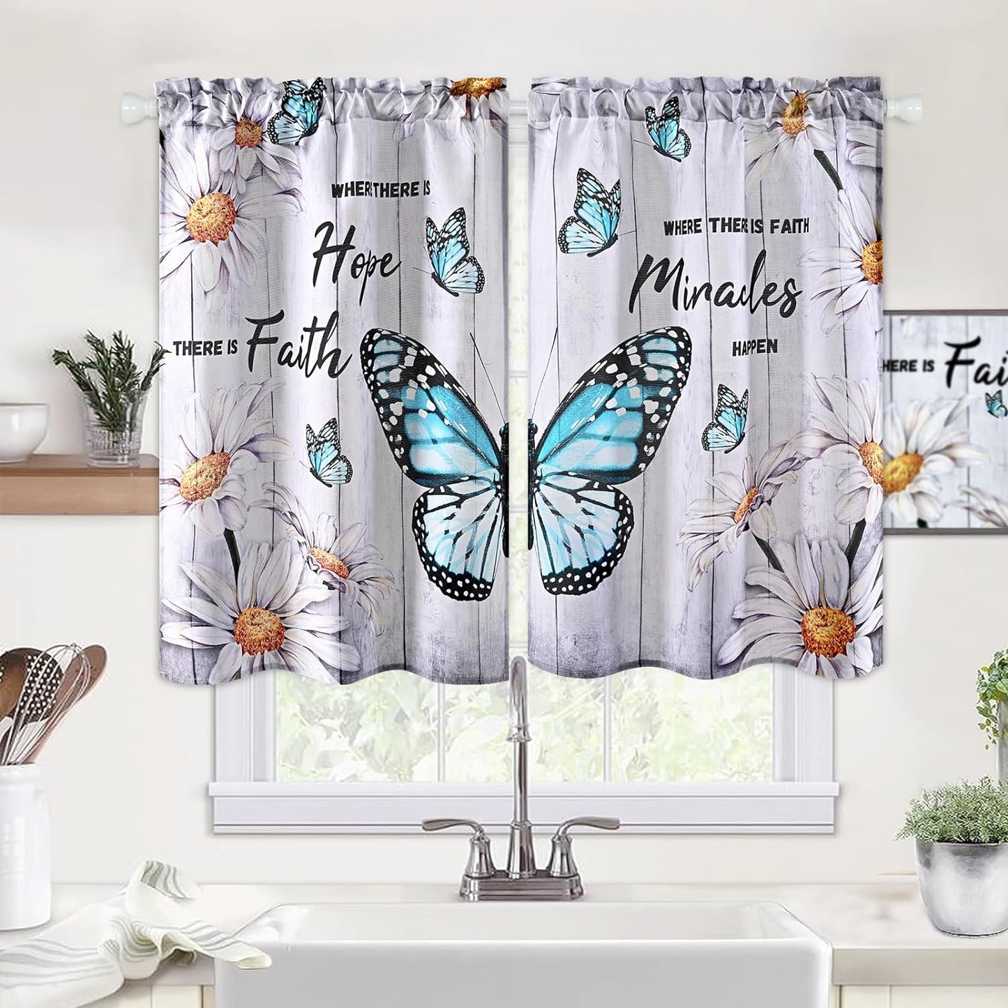 Alishomtll Kitchen Curtains Butterfly Floral Print Window Curtain Tier Sets Rod Pocket, 26"Wx36"L,2 Panels,Gray