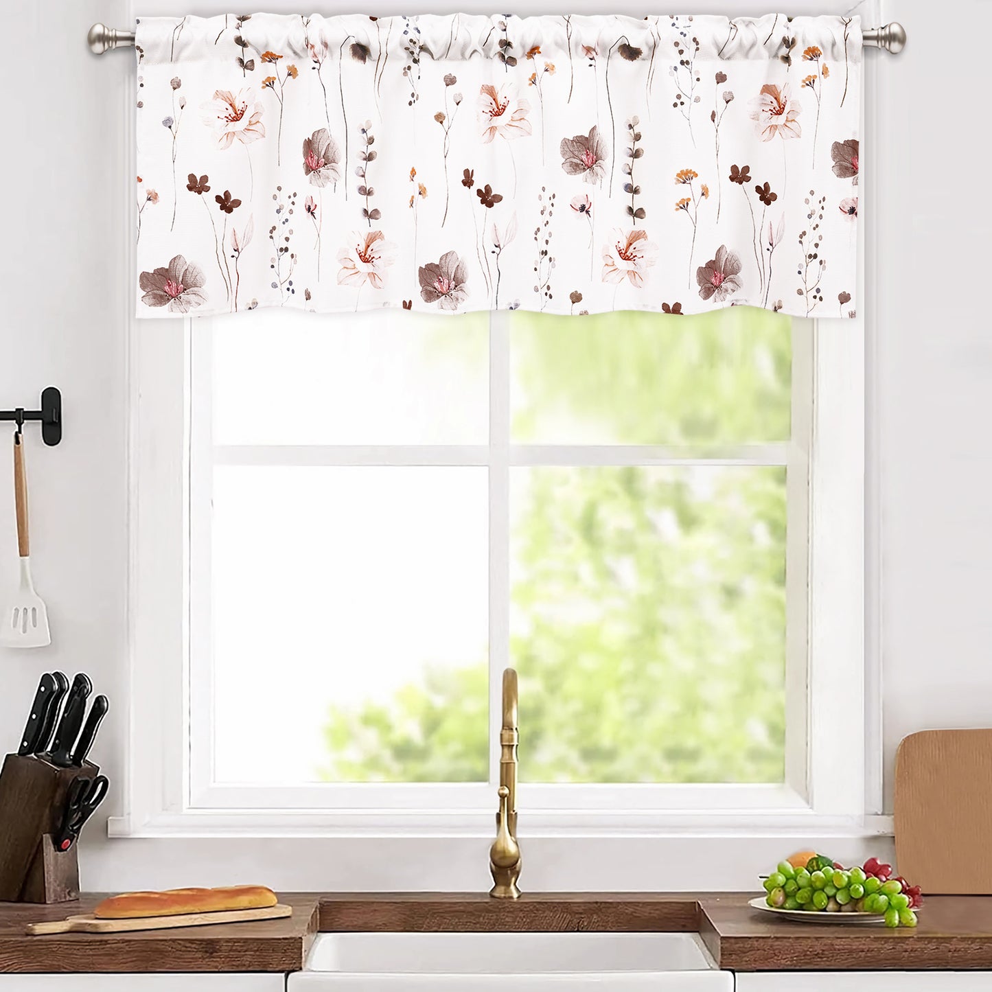 Alishomtll Floral Valance Curtains Kitchen Brown Wildflower Flower Leaf Windows Drapes,52 x 18 inch,Rod Pocket