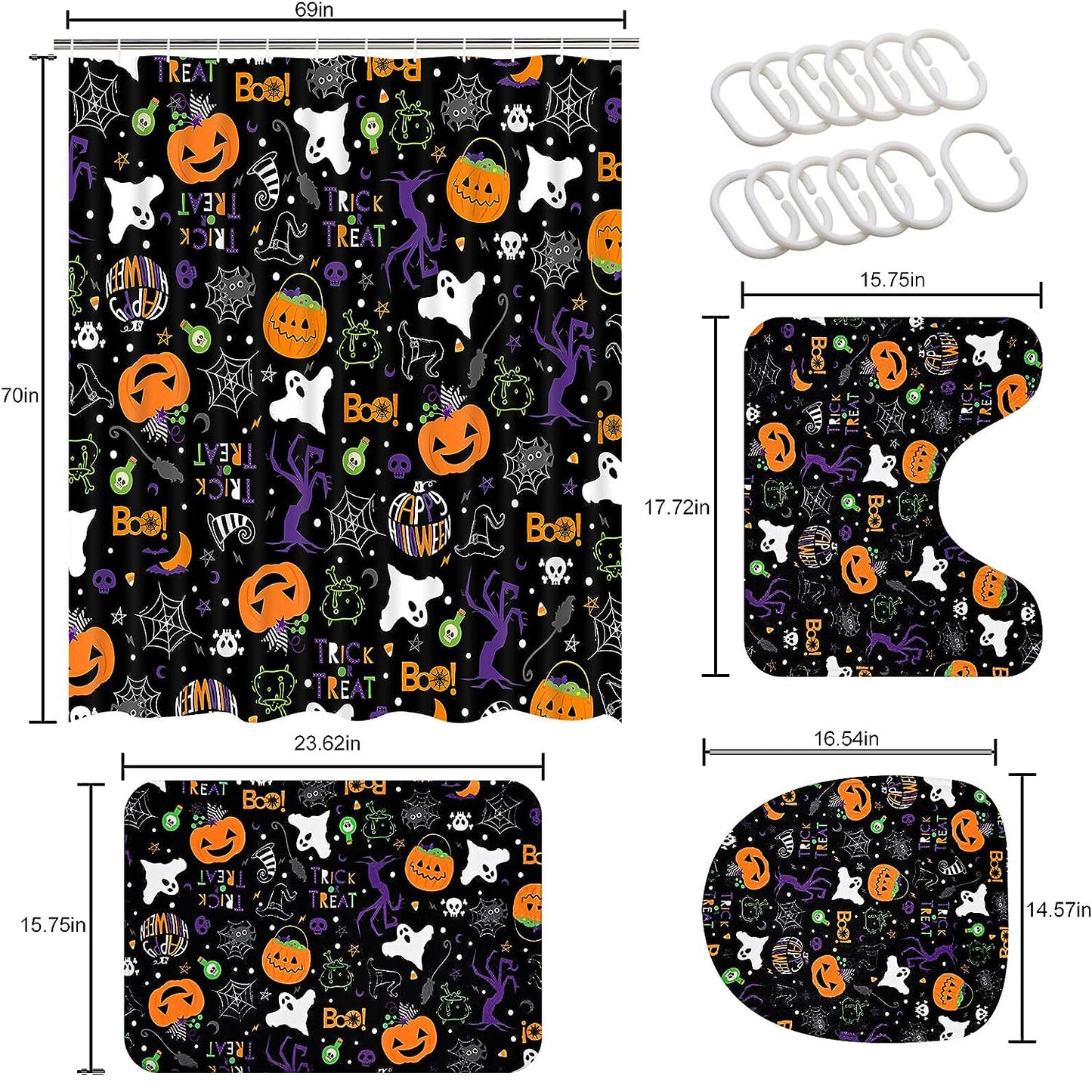 FRAMICS Halloween Shower Curtain Sets with Rugs, 16 Pc Pumpkin Spooky Ghost Bathroom Sets, Black Waterproof Fabric Shower Curtain with 12 Hooks and Toilet Rugs