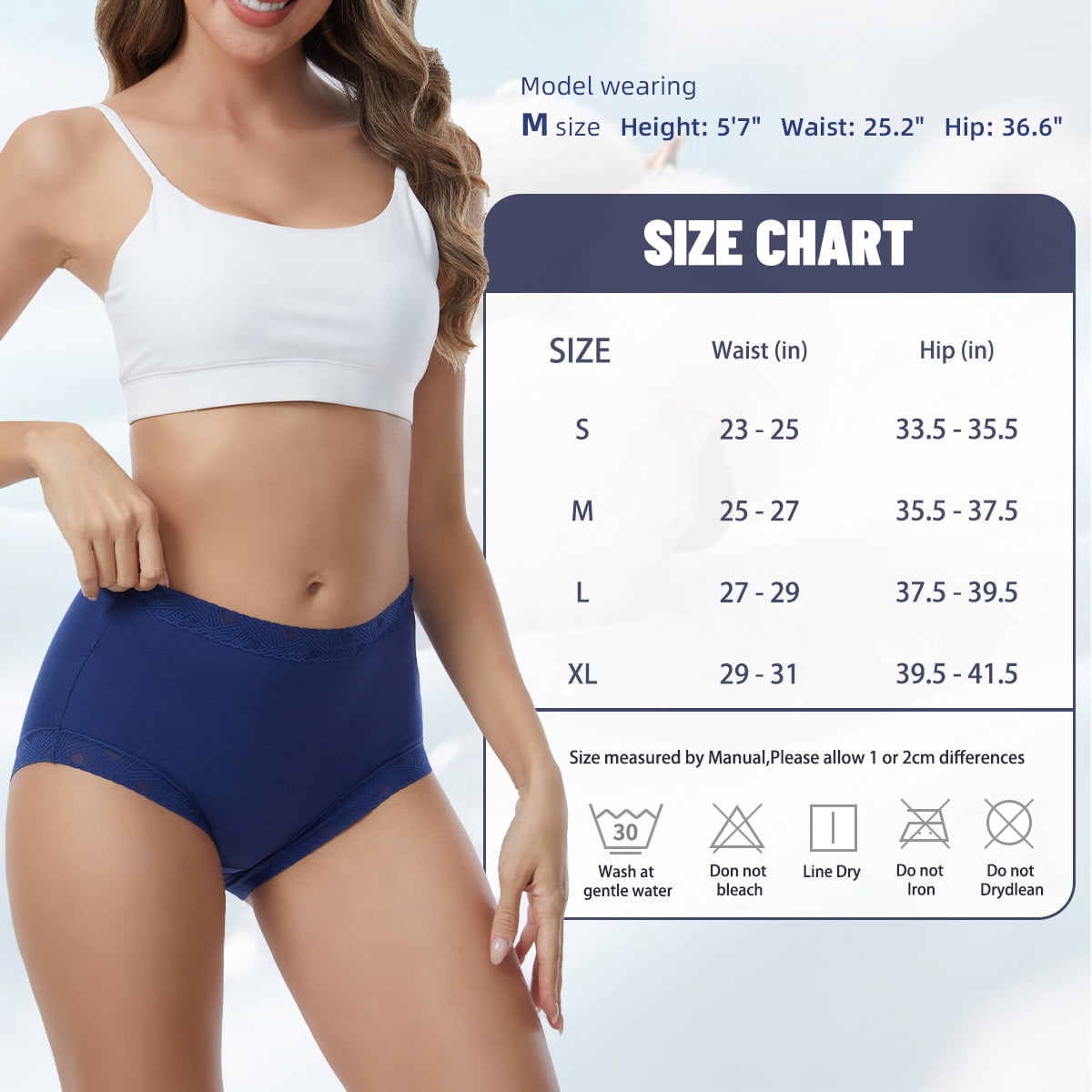 MecTo Womens Cotton Underwear 5 Pack Lace Trim High Waisted Panties Breathable Wicking Briefs