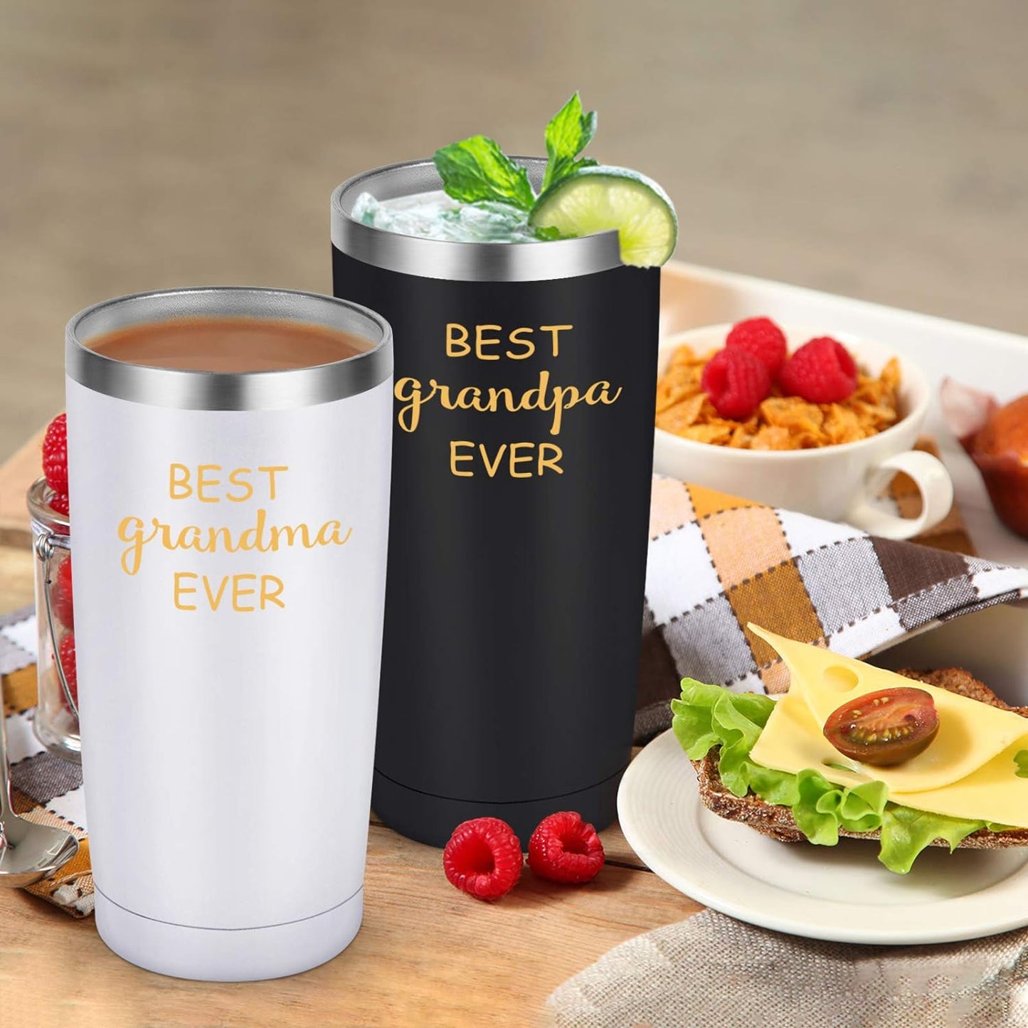 Gingprous 20oz Stainless Steel Insulated Travel Tumbler Set with 2 Lids and Straws , Vacuum Insulated Coffee Cup, Black&White
