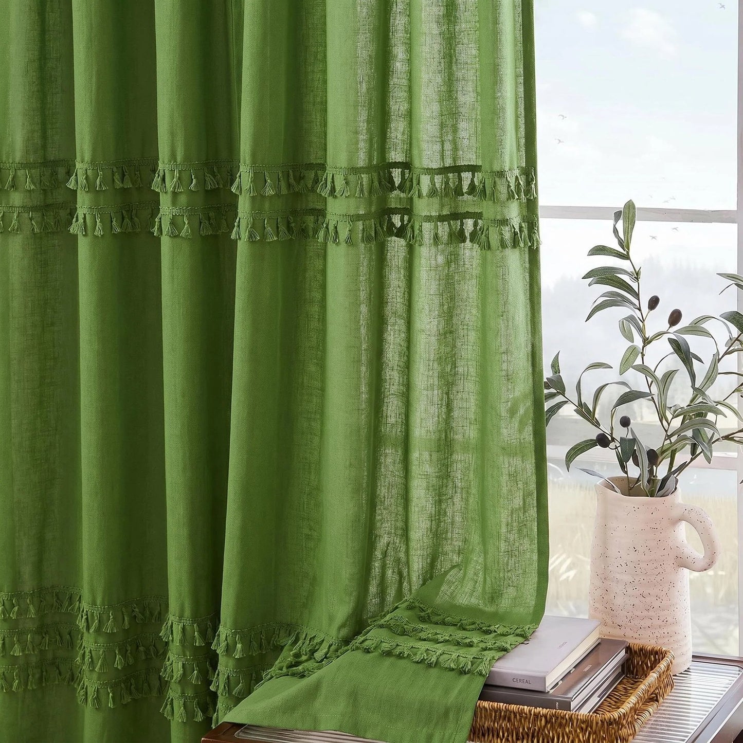 Alishomtll Boho Curtains for Living Room Semi Blackout Curtains with 8 Tassel Window Drapes Back Tab ,Green，52"Wx63"L，2 Panels