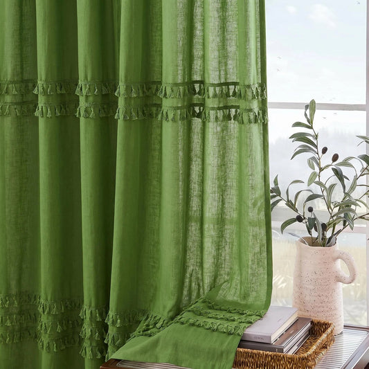 Alishomtll Boho Curtains for Living Room Semi Blackout Curtains with 8 Tassel Window Drapes Back Tab ,Green，52"Wx63"L，2 Panels