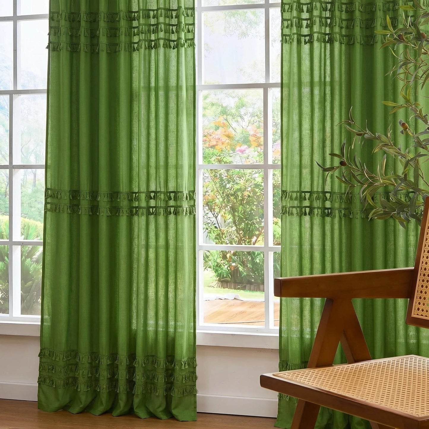 Alishomtll Boho Curtains for Living Room Semi Blackout Curtains with 8 Tassel Window Drapes Back Tab ,Green，52"Wx84"L，2 Panels
