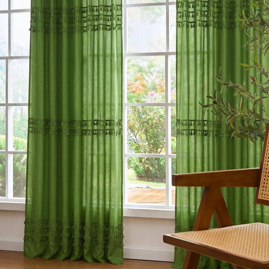 Alishomtll Boho Curtains for Living Room Semi Blackout Curtains with 8 Tassel Window Drapes Back Tab ,Green，52"Wx84"L，2 Panels